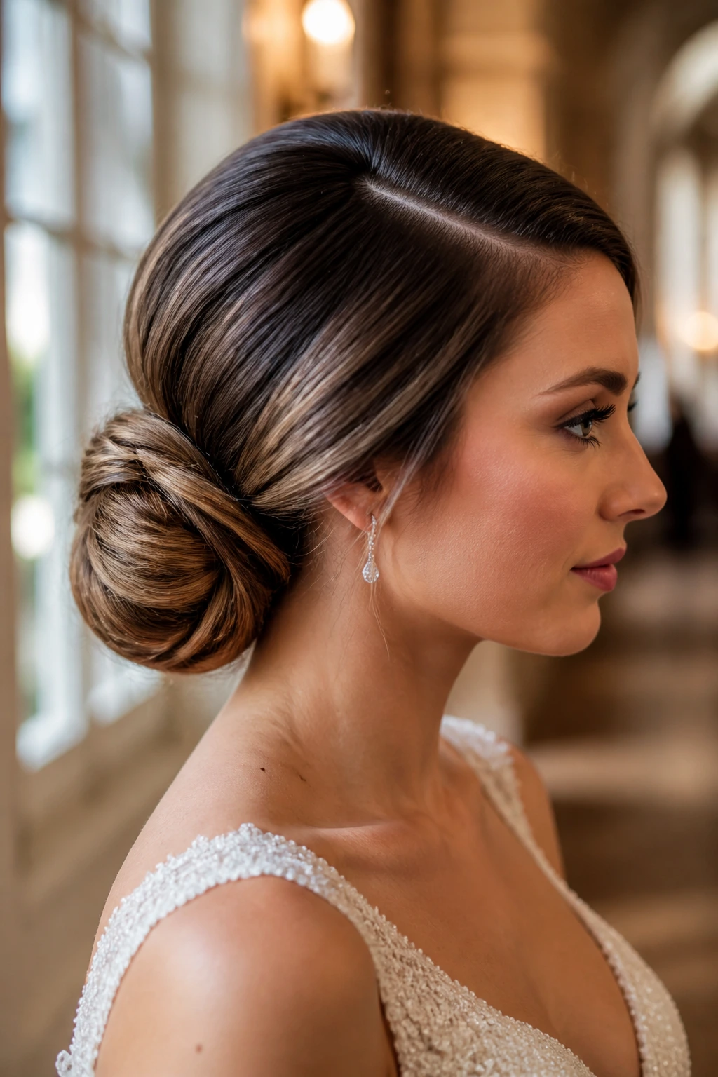 Profile of bride with deep part and side bun