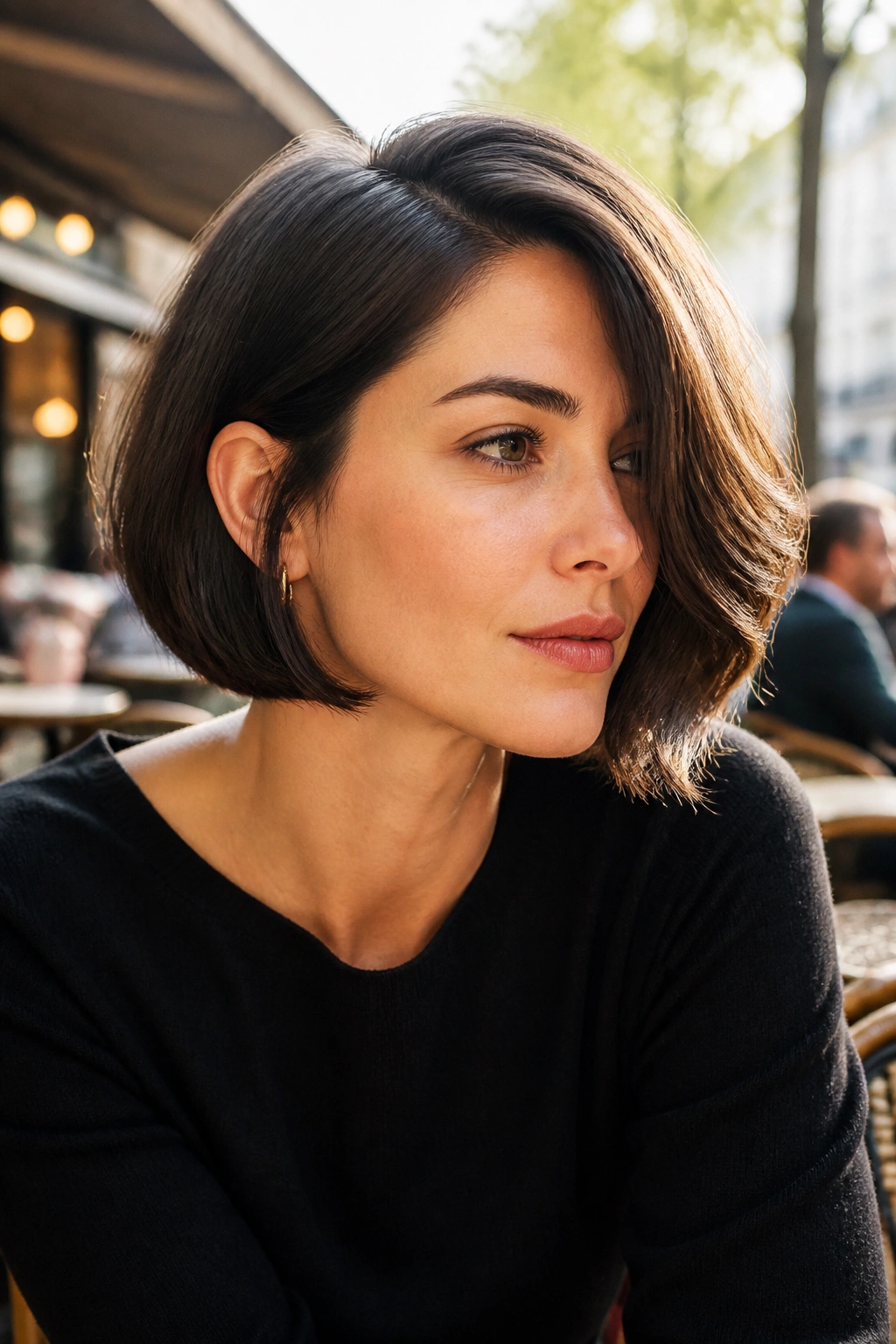 Real woman with side-part French bob and cheekbone sweep outdoors