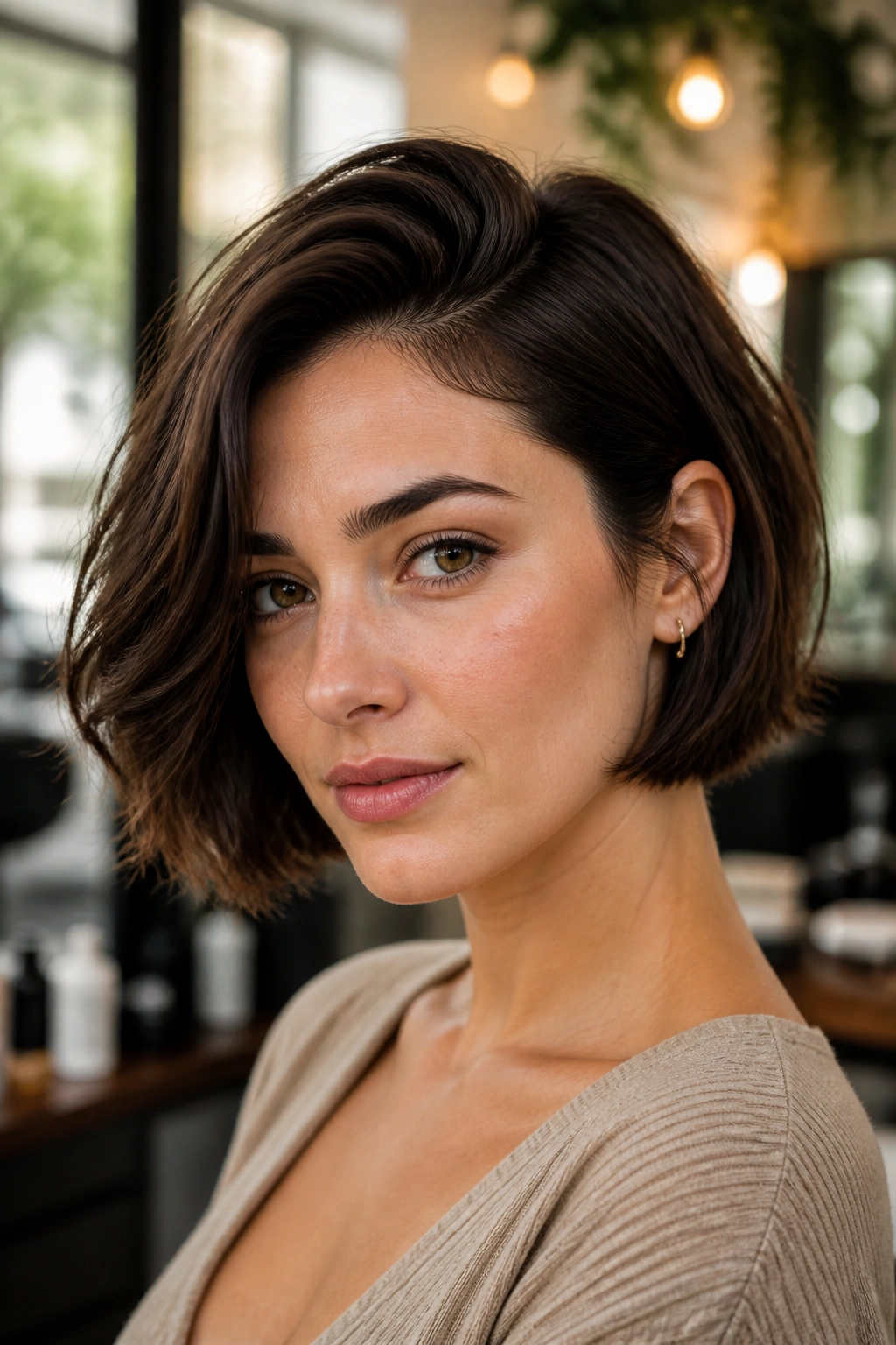 Close-up of a real woman with a side-parted French bob and root lift in warm salon light
