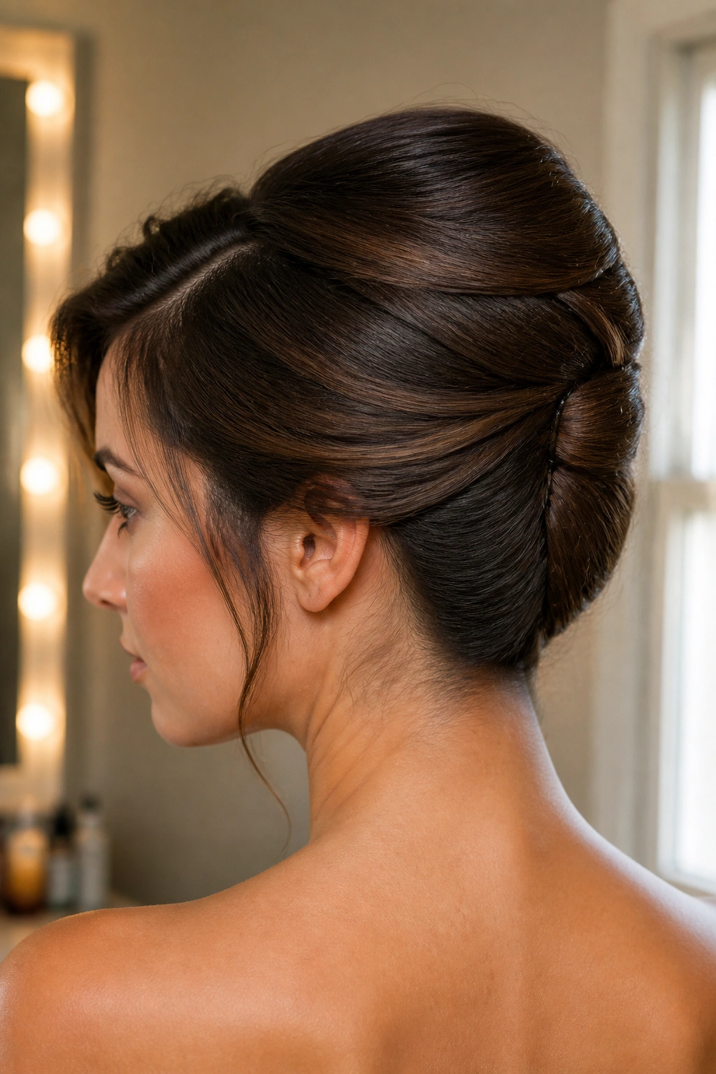 Close-up of a real woman with a side-part French twist, polished updo