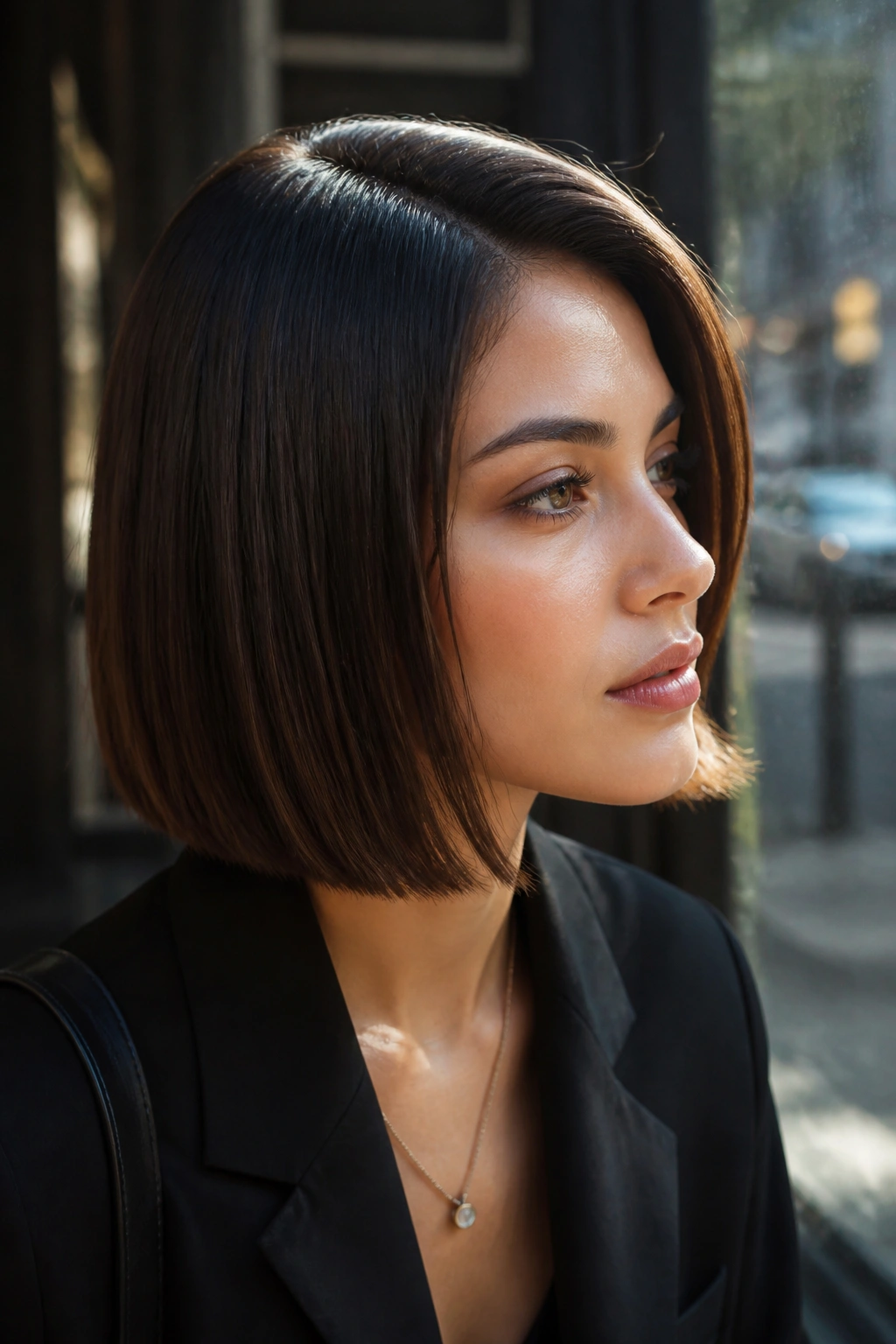 Close-up of a real woman with a side-part glass bob in urban daylight.