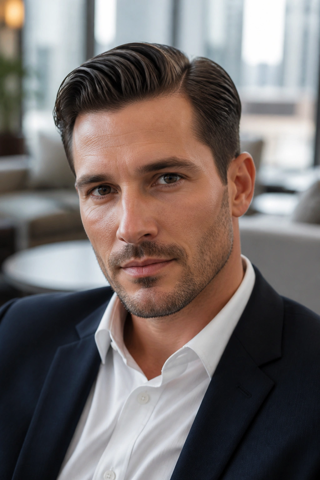 Man with side part hairstyle in bright office setting