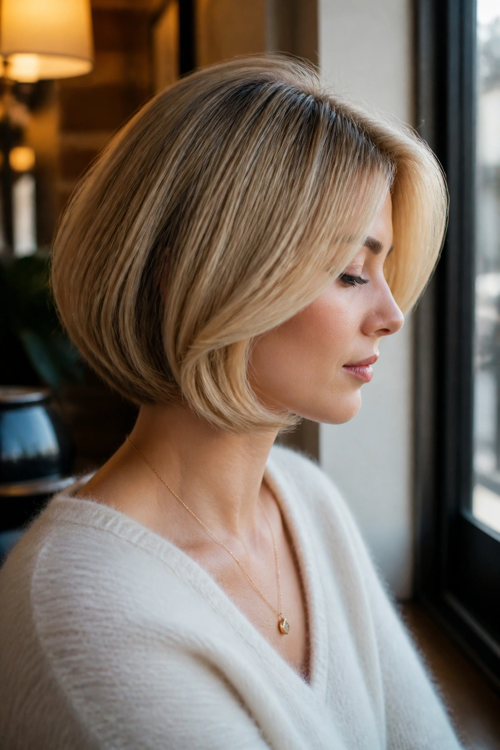 Profile of a real woman with a side-part honey blonde bob and soft curved ends in daylight