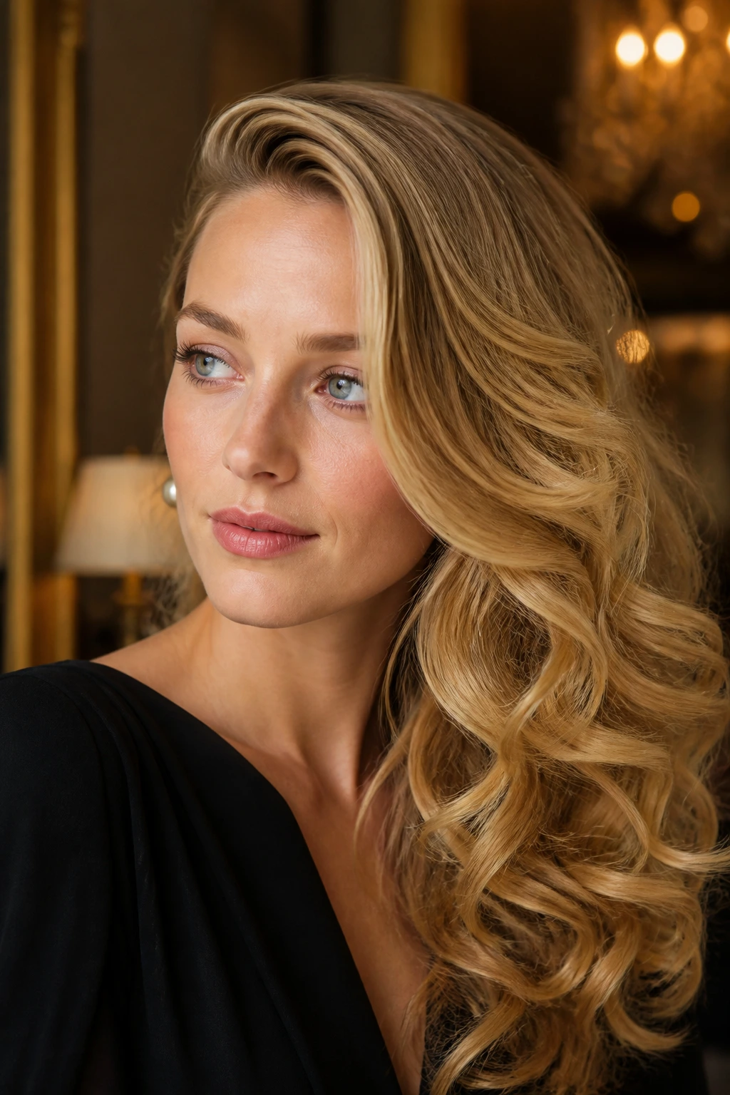Close-up of a real woman with a deep side part and honey blonde curls on one side.