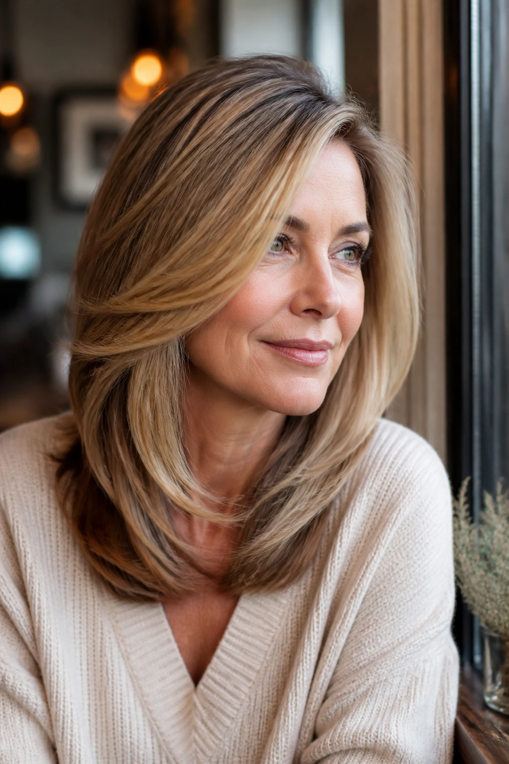 Close-up of a real woman with a side-part and long internal layers hairstyle