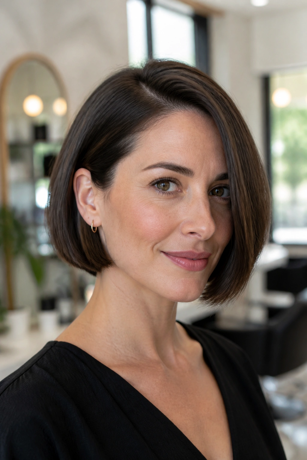 Close-up portrait of a real woman with a side-parted jaw-length bob in a bright salon