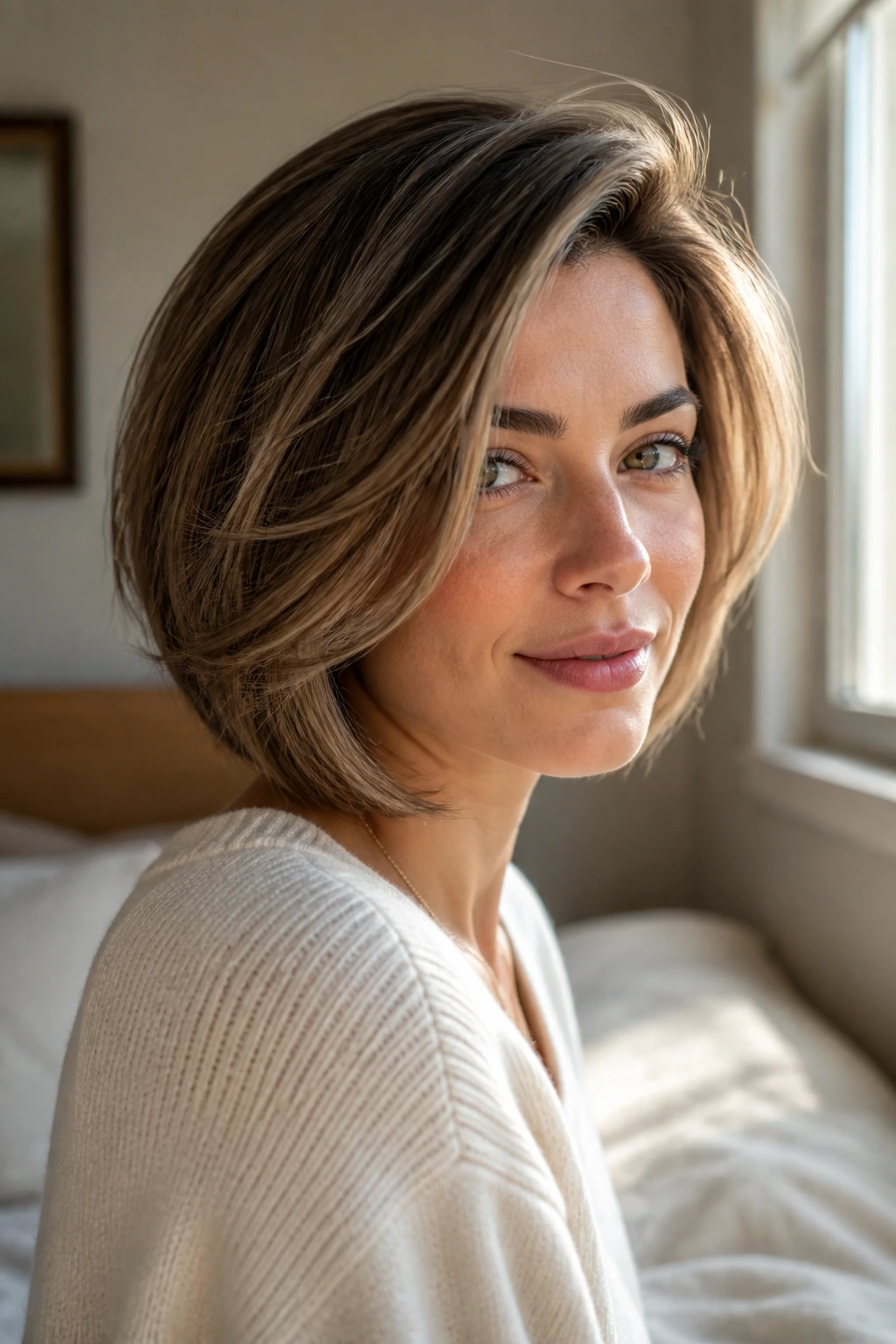 Close-up portrait of a woman with a side-parted layered bob and sweeping front, warm window light.