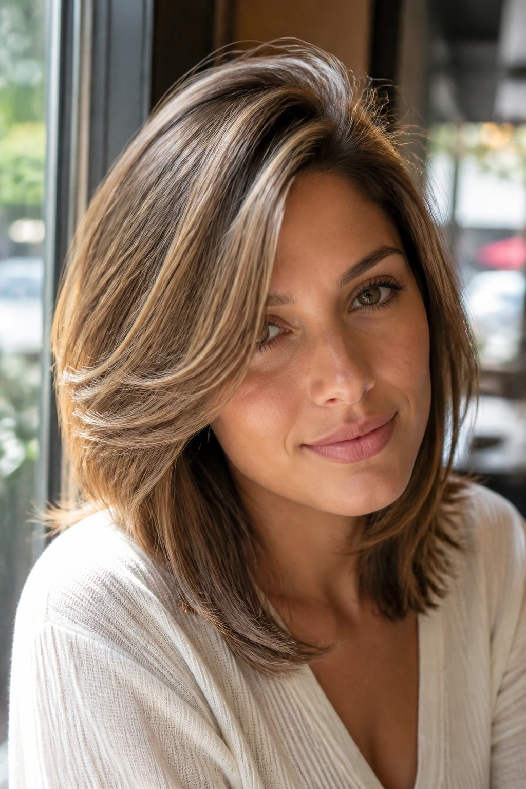 Close-up portrait of a real woman with a side-part and crown lift in layered hair.