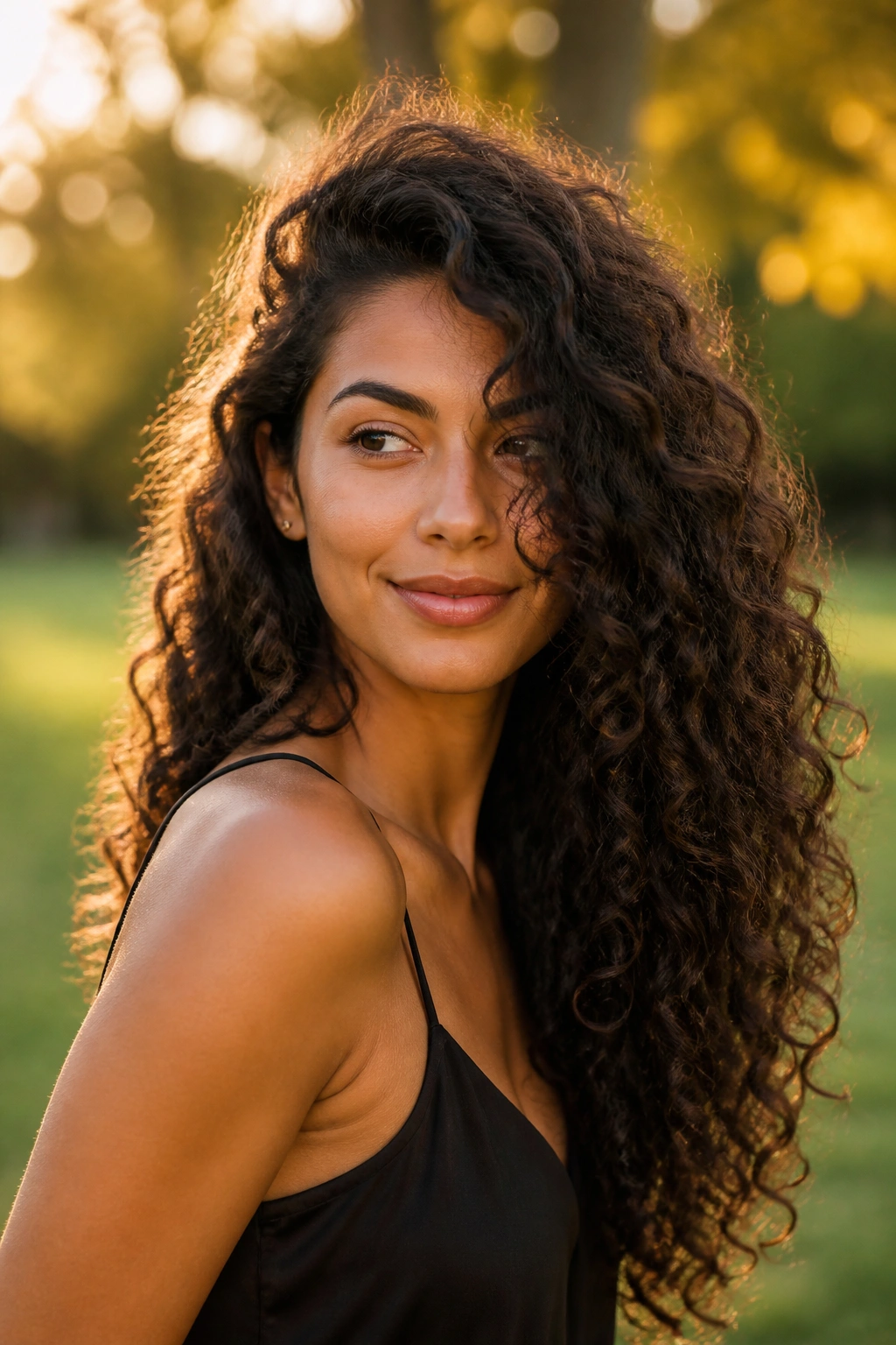 Three-quarter view of real person with side-part layers and asymmetrical fall
