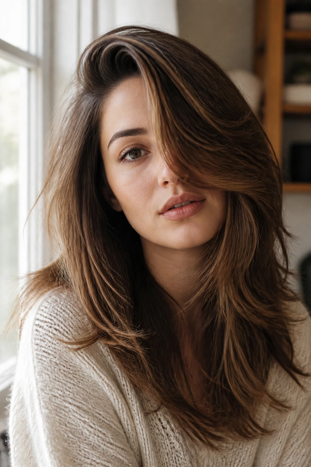 Portrait of a real woman with a deep side part and face-framing layers sweeping across the face
