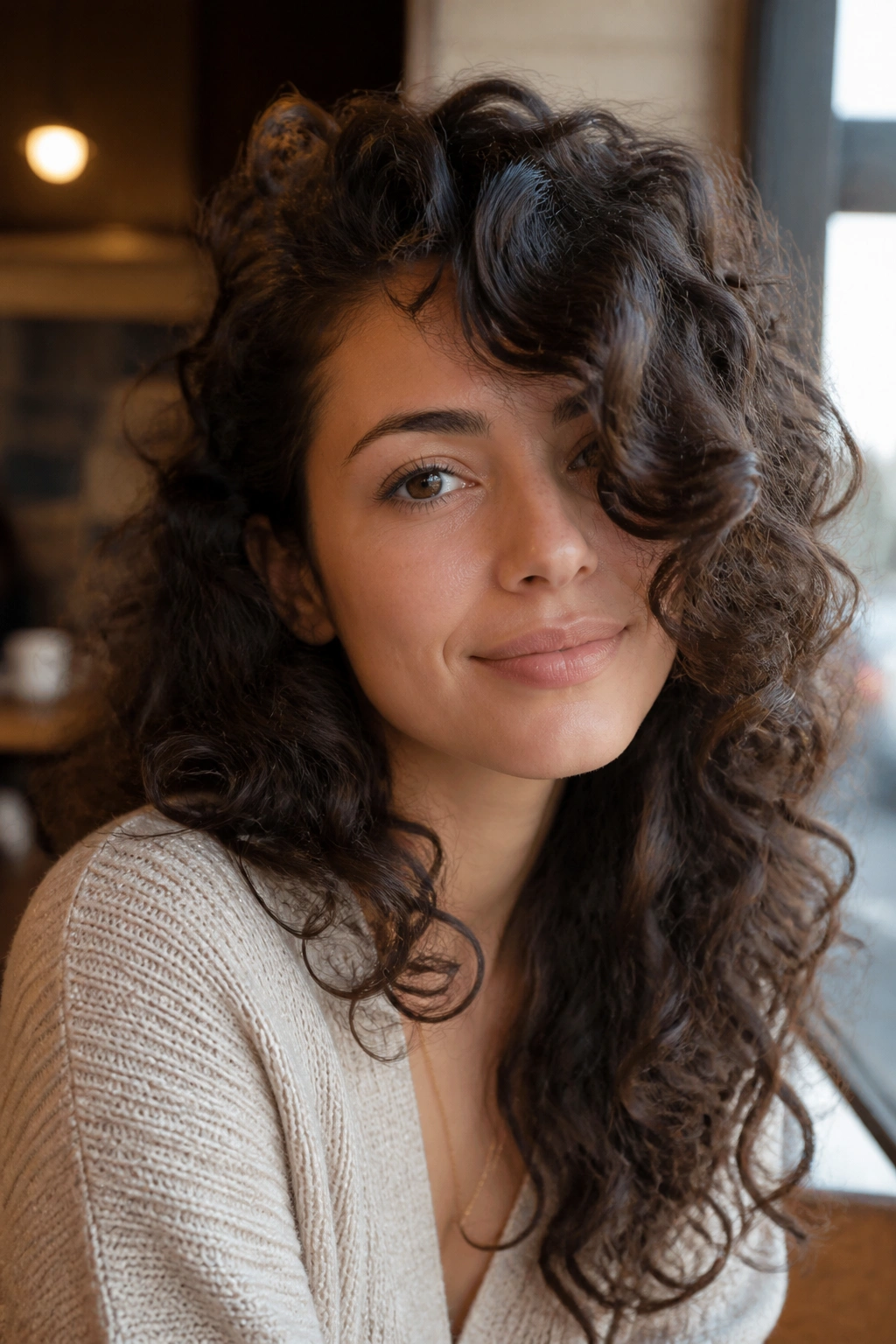 Woman with side-part layers and sweeping front curls in a cafe window setting