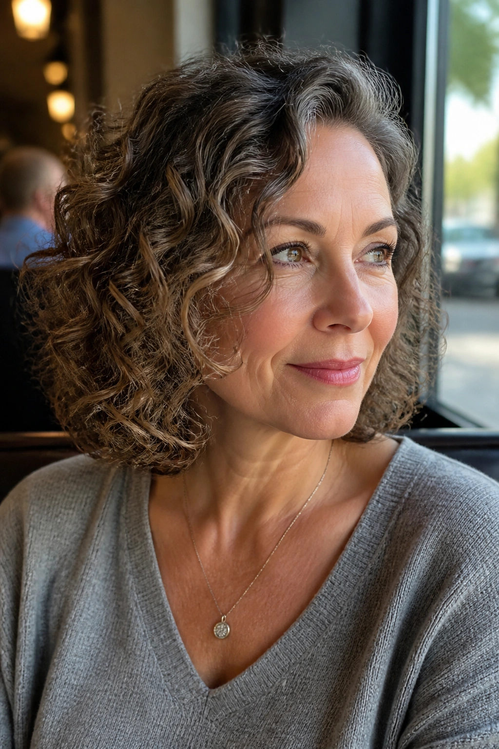 Portrait of a woman with a side-part lob hairstyle.