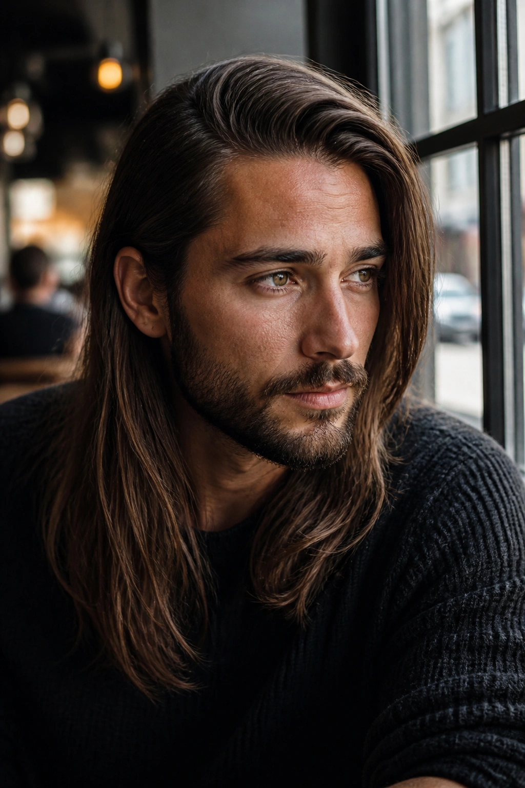 Close-up of man with side part hairstyle in long straight hair