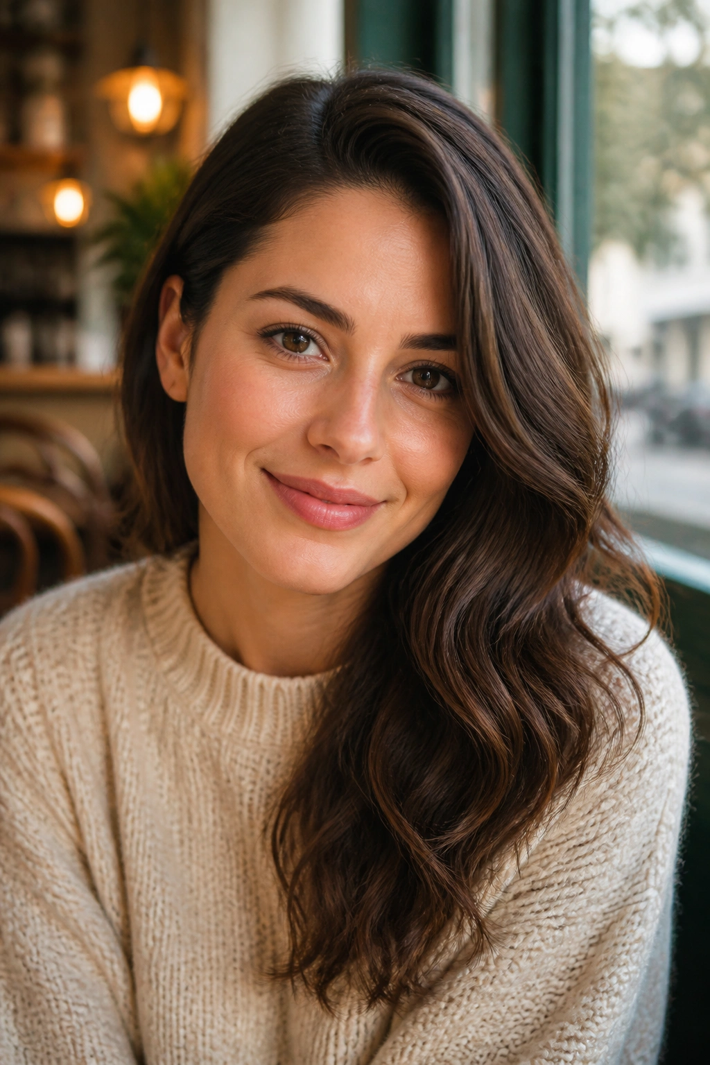 Close-up of a woman with deep side part and loose waves in a cafe setting