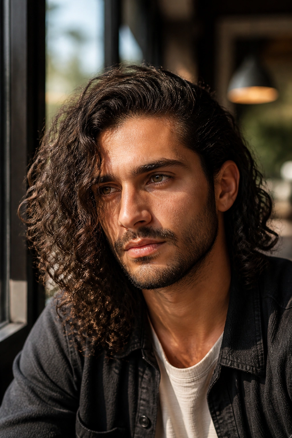 Close-up portrait of man with a side part guiding natural curly hair.