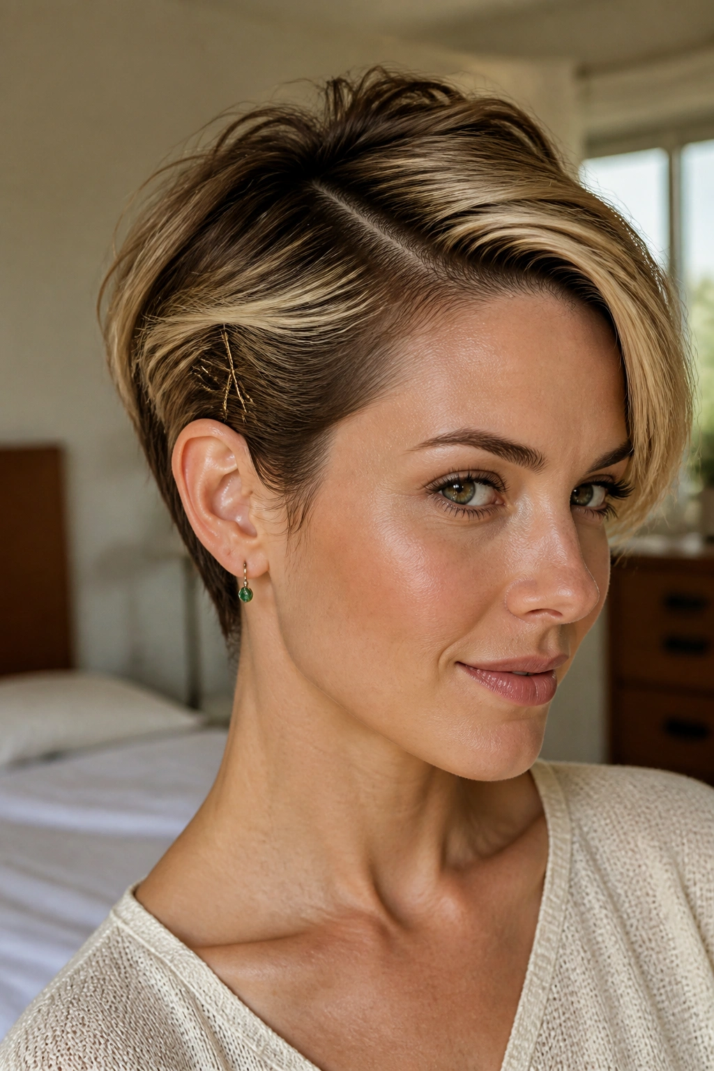 Close-up of a real person showing a side-part pinback pixie hairstyle with pins behind the ear