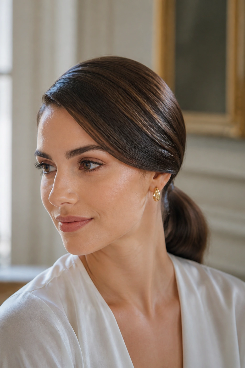 Close-up of a real woman with a low side-part ponytail and polished finish.