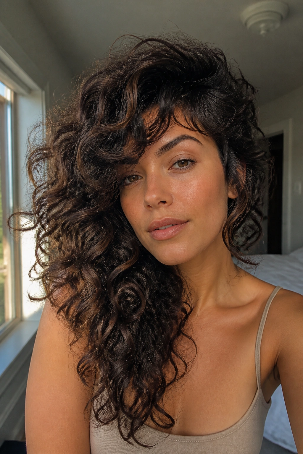 Close-up portrait of a real woman with a deep side-part shag and big curls, framing one side of the face