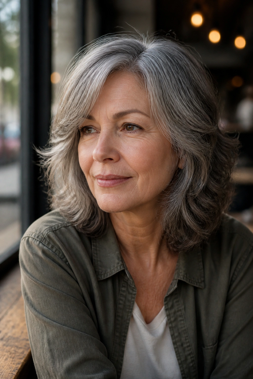 Portrait of a woman with a side-part shag showing movement and texture.
