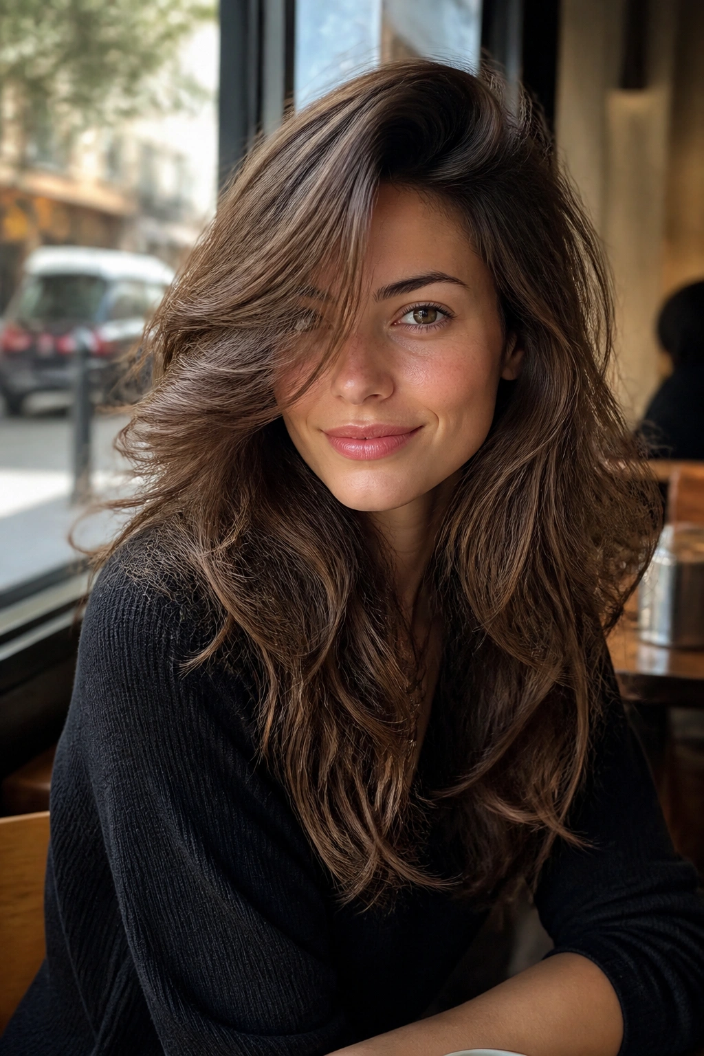 Portrait of a real woman with a deep side part and soft-volume shag at a cafe window