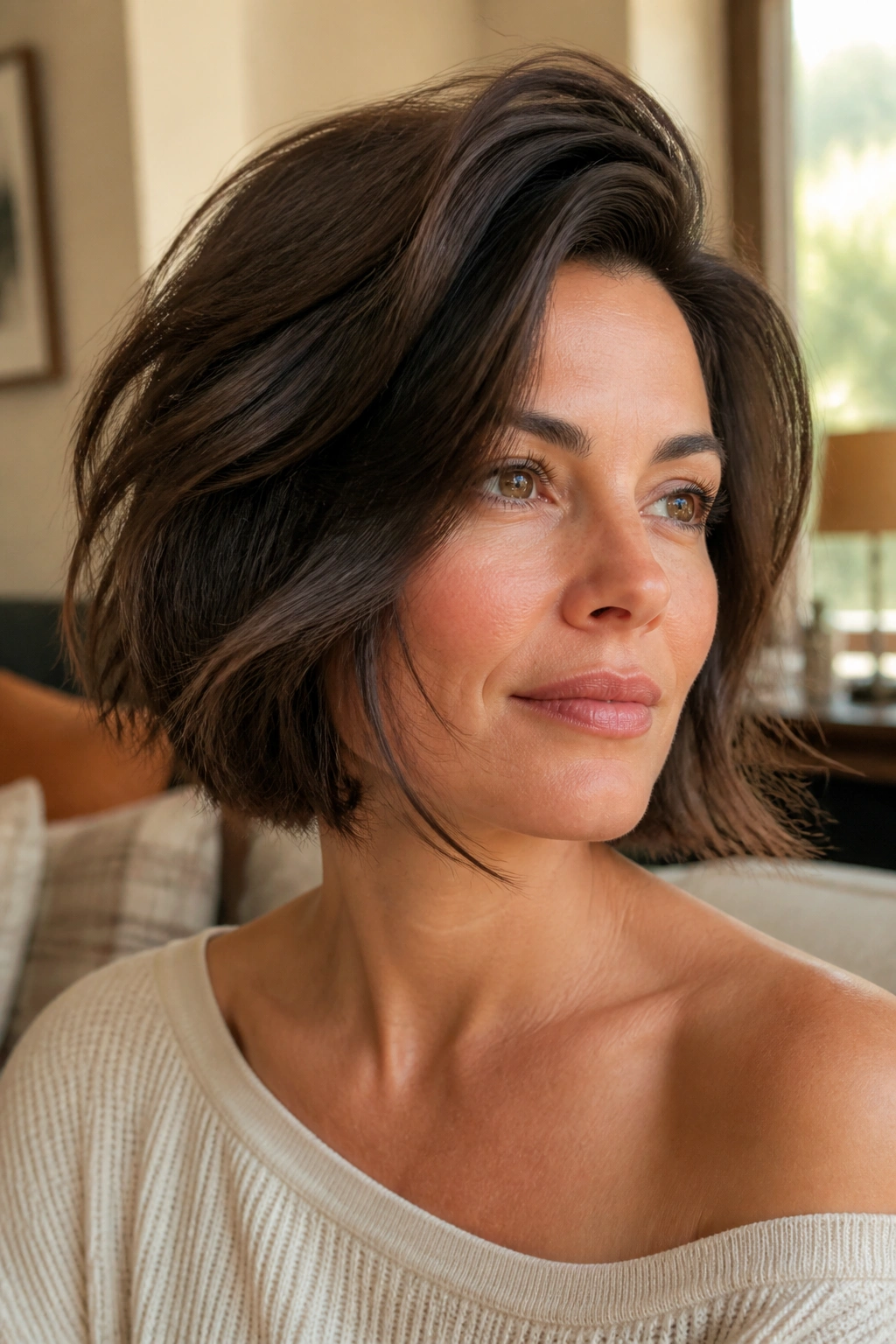 Close-up of a real woman with a side-part shaggy bob and sweep-back volume in natural window light