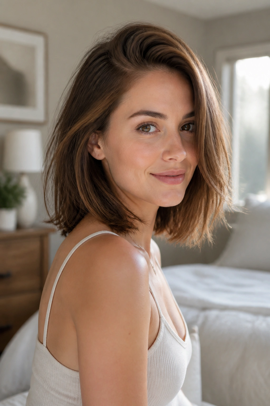 Three-quarter portrait of a real person with shoulder-length side-part haircut