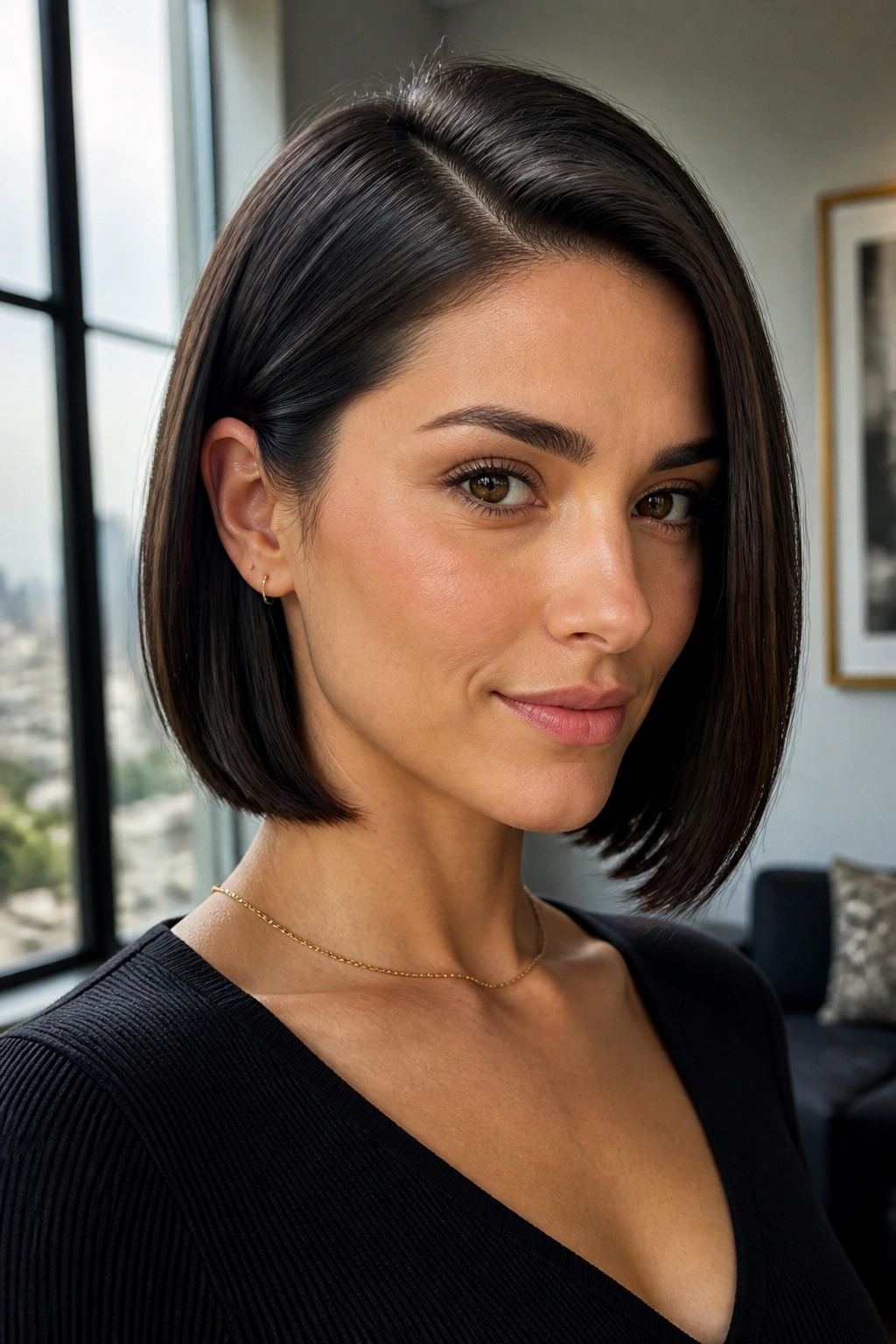 Close-up portrait of a real woman with a deep side-parted sleek bob.