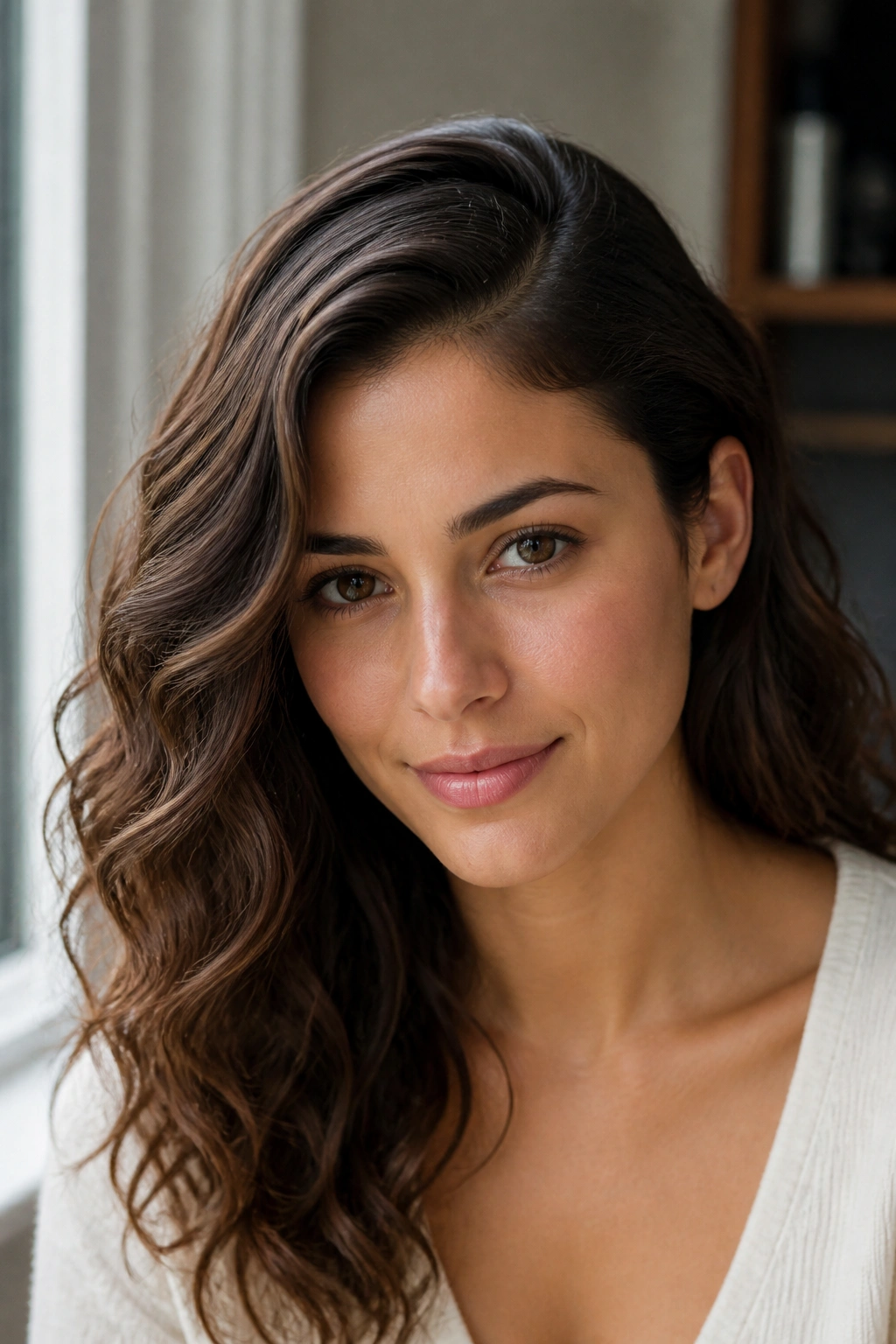Real person with a deep side part and soft waves framing the face.