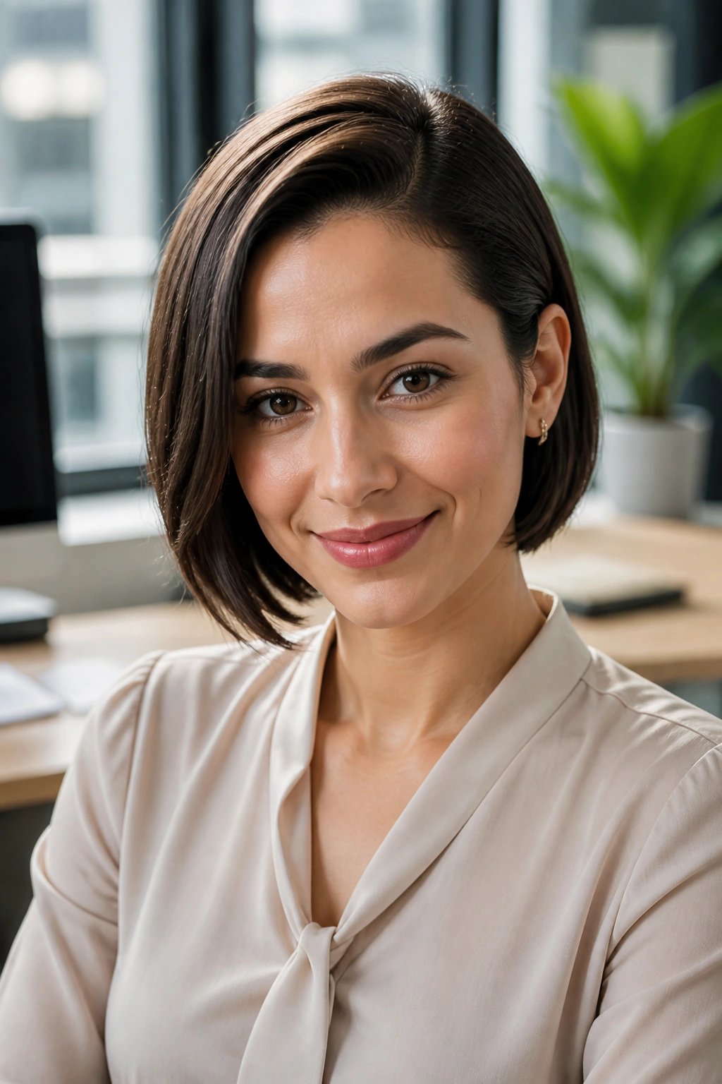 Close-up of a real woman with a side-part tucked bob in an office