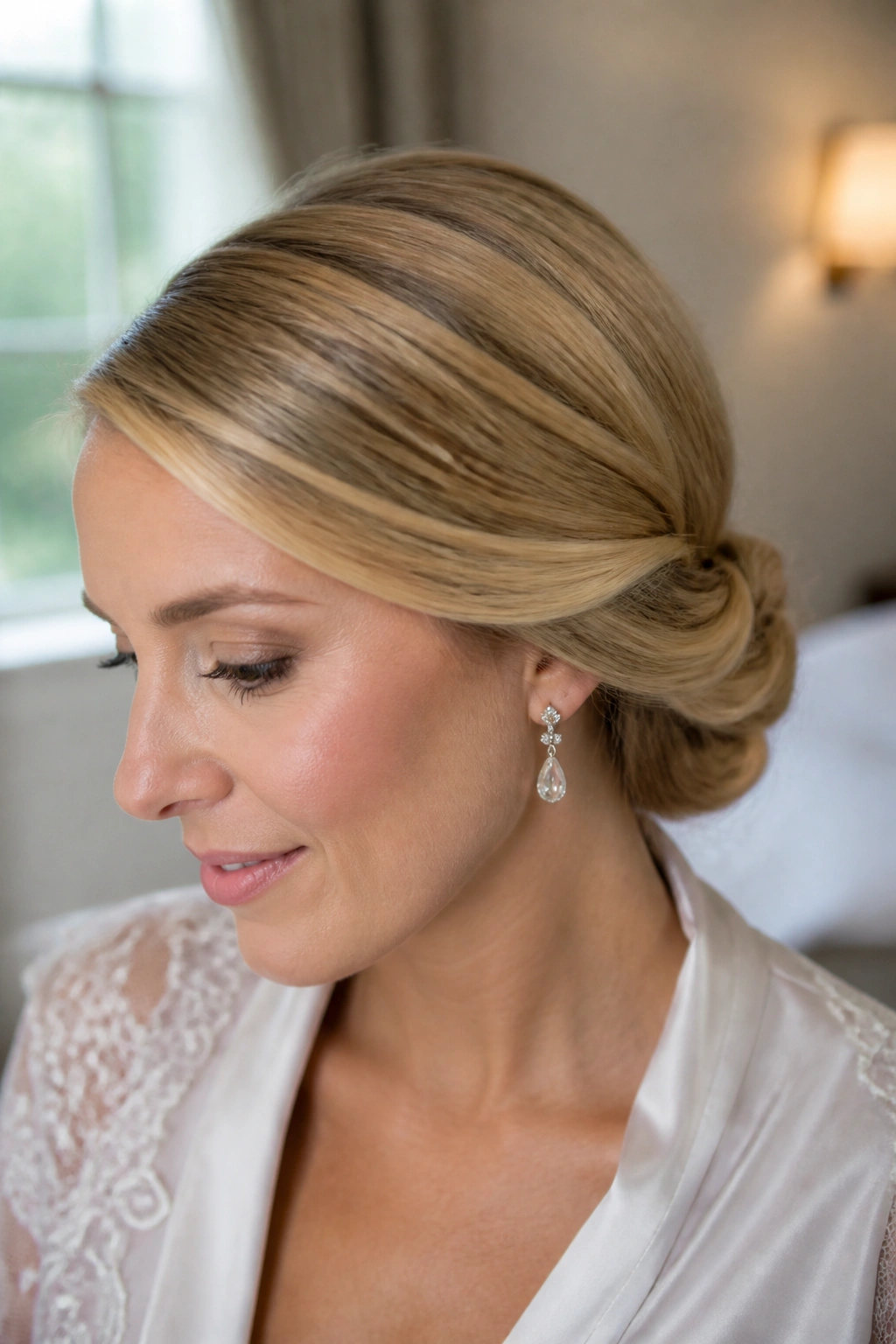 Close-up portrait of a real woman with a side-part tucked roll behind the ear