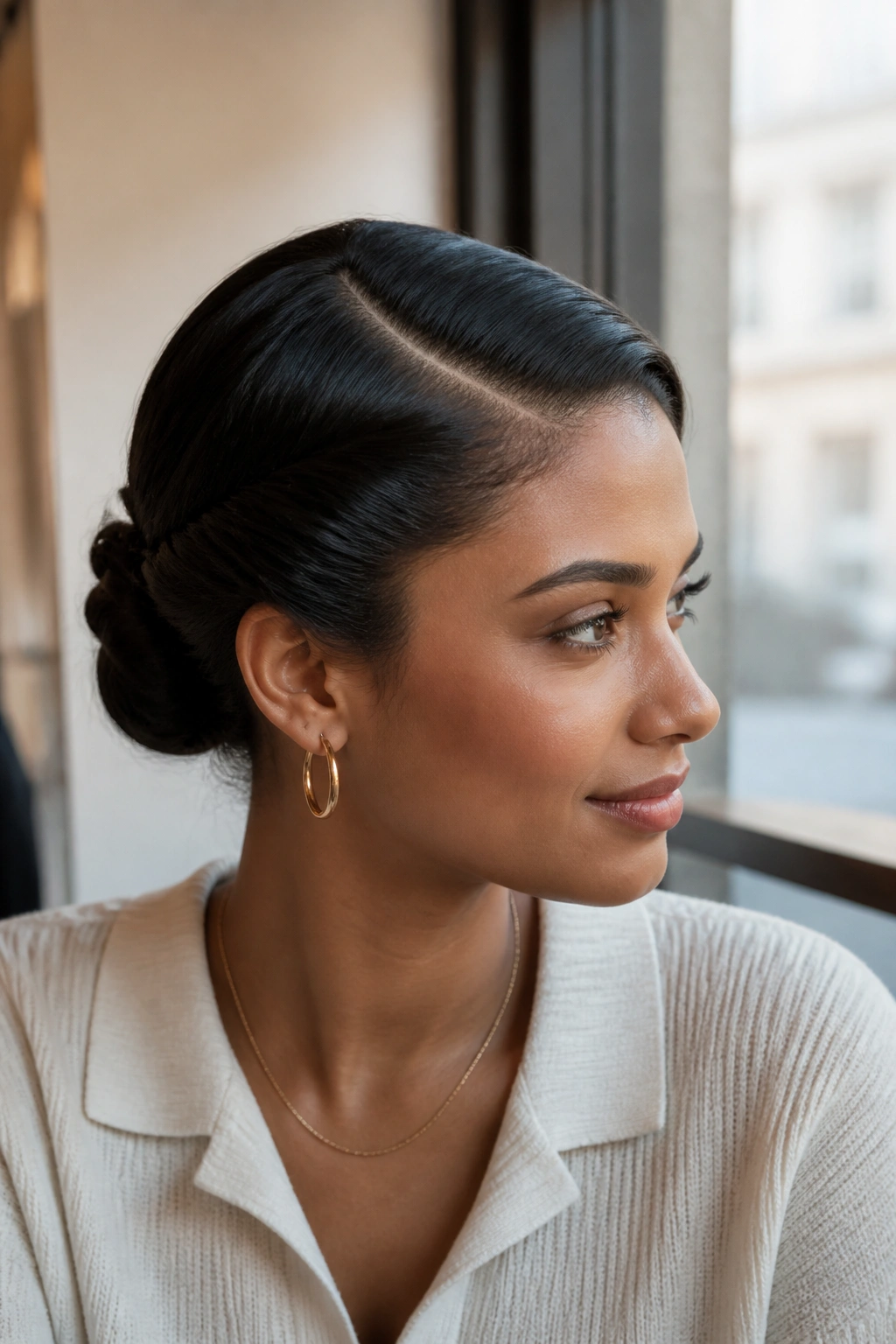 Close-up of a real woman with a sleek side-part twist bun in natural daylight