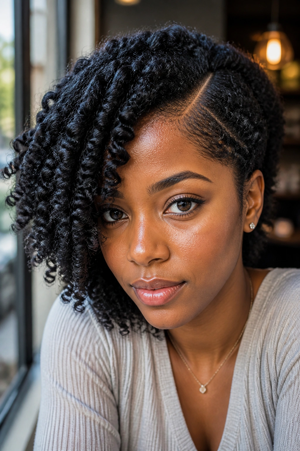 Close-up of a real woman with a deep side-part twist out in natural daylight.