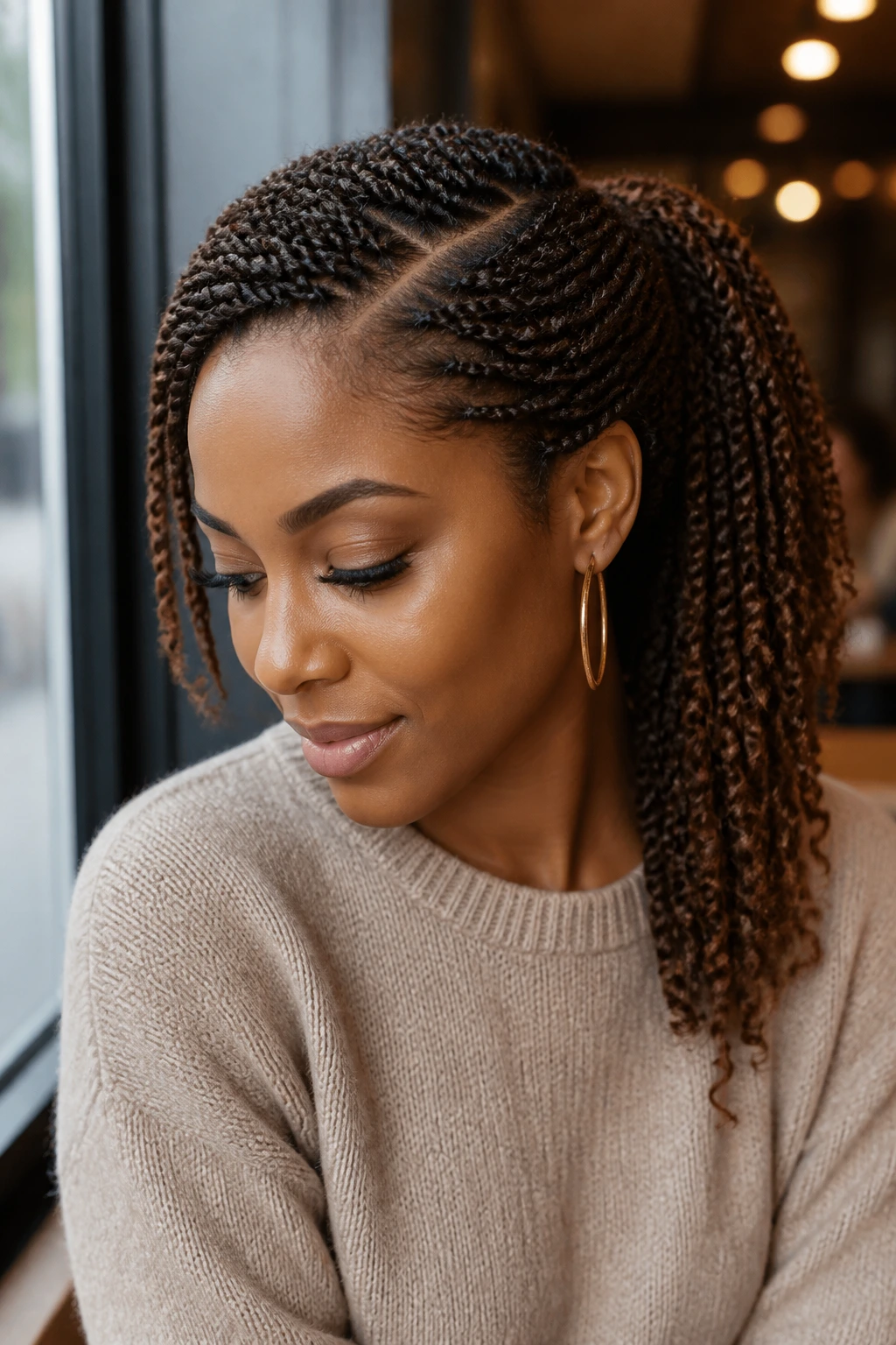 Close-up of a real person with a side-part twist ponytail