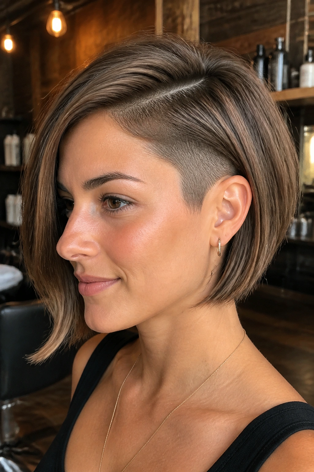 Real woman with side-part undercut bob showing undercut and lifted root on the parted side.