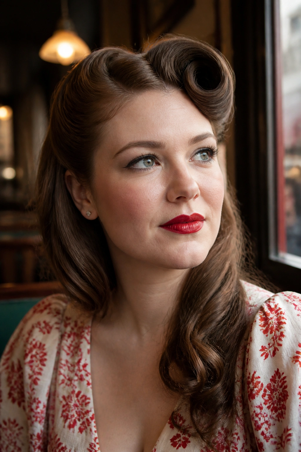 Portrait of a woman with a deep side part and soft waves paired with a side roll.