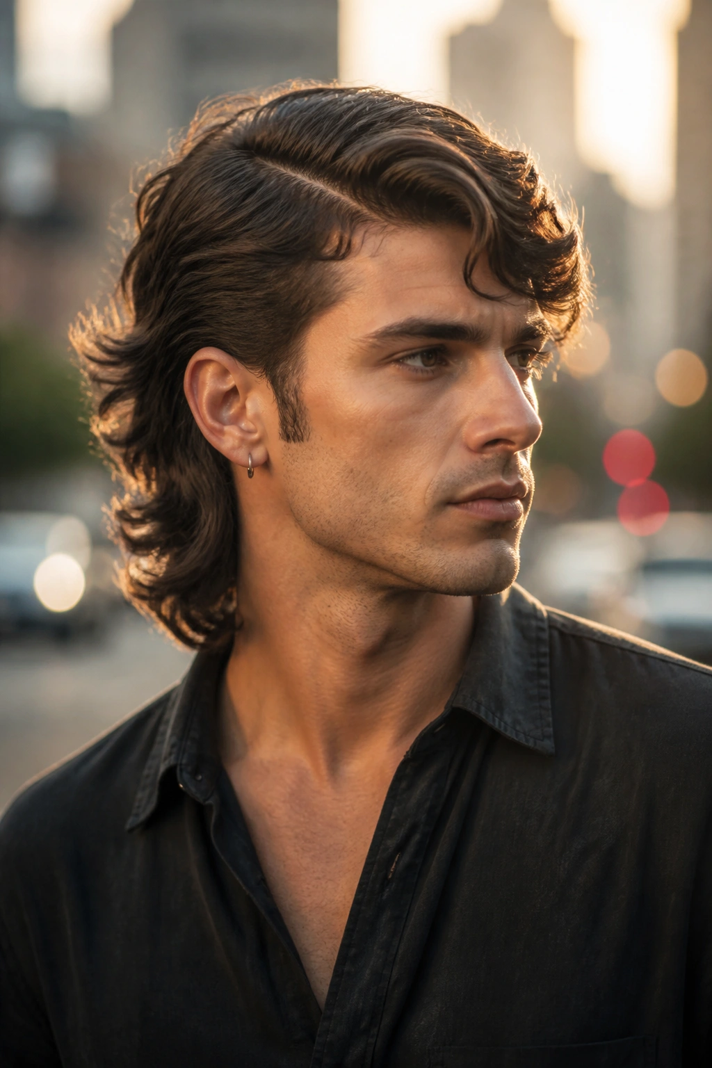 Man with side-parted wavy mullet, front swept to the side and longer back.