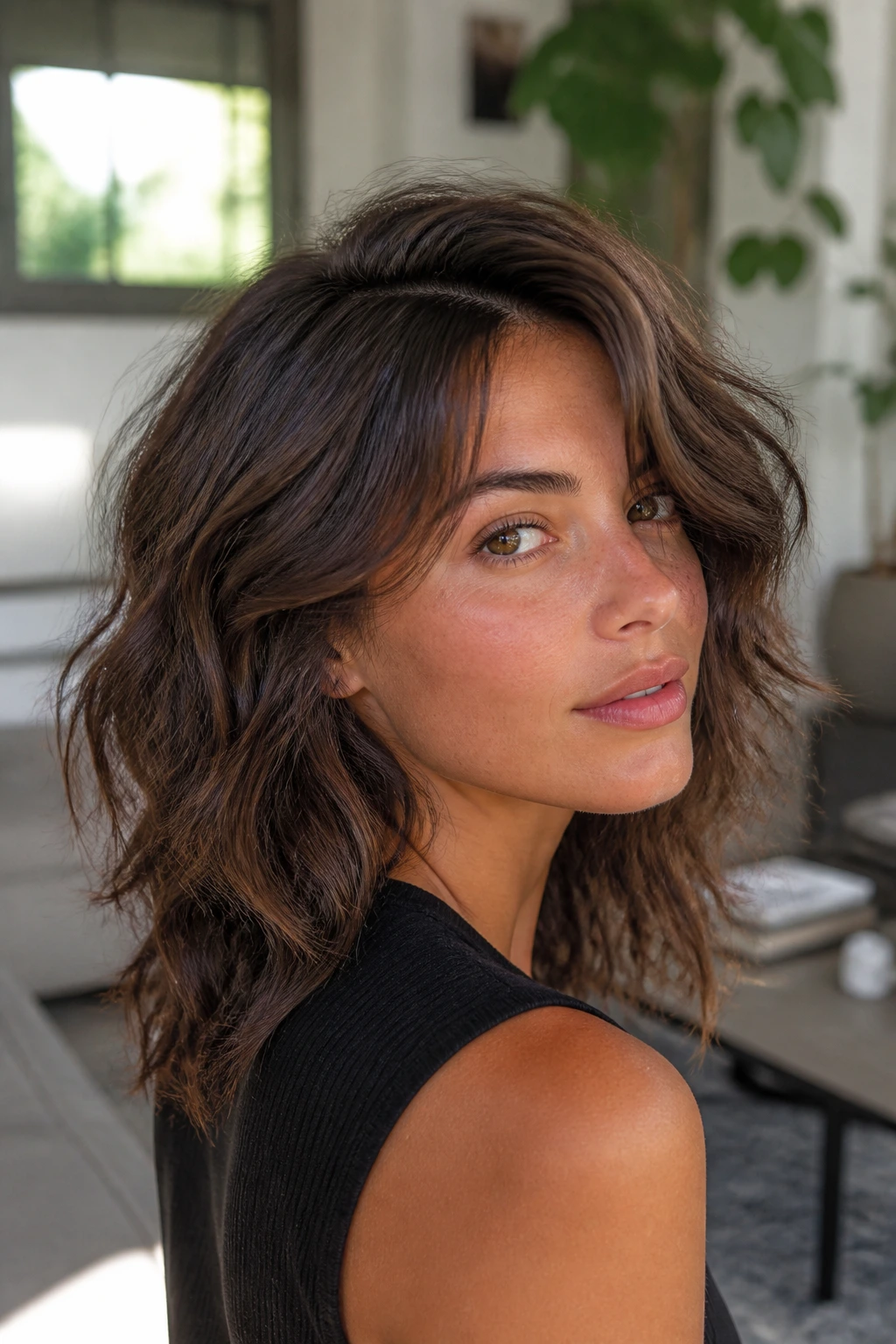 Real woman with side-part wolf cut, roots lifted, waves framing her face