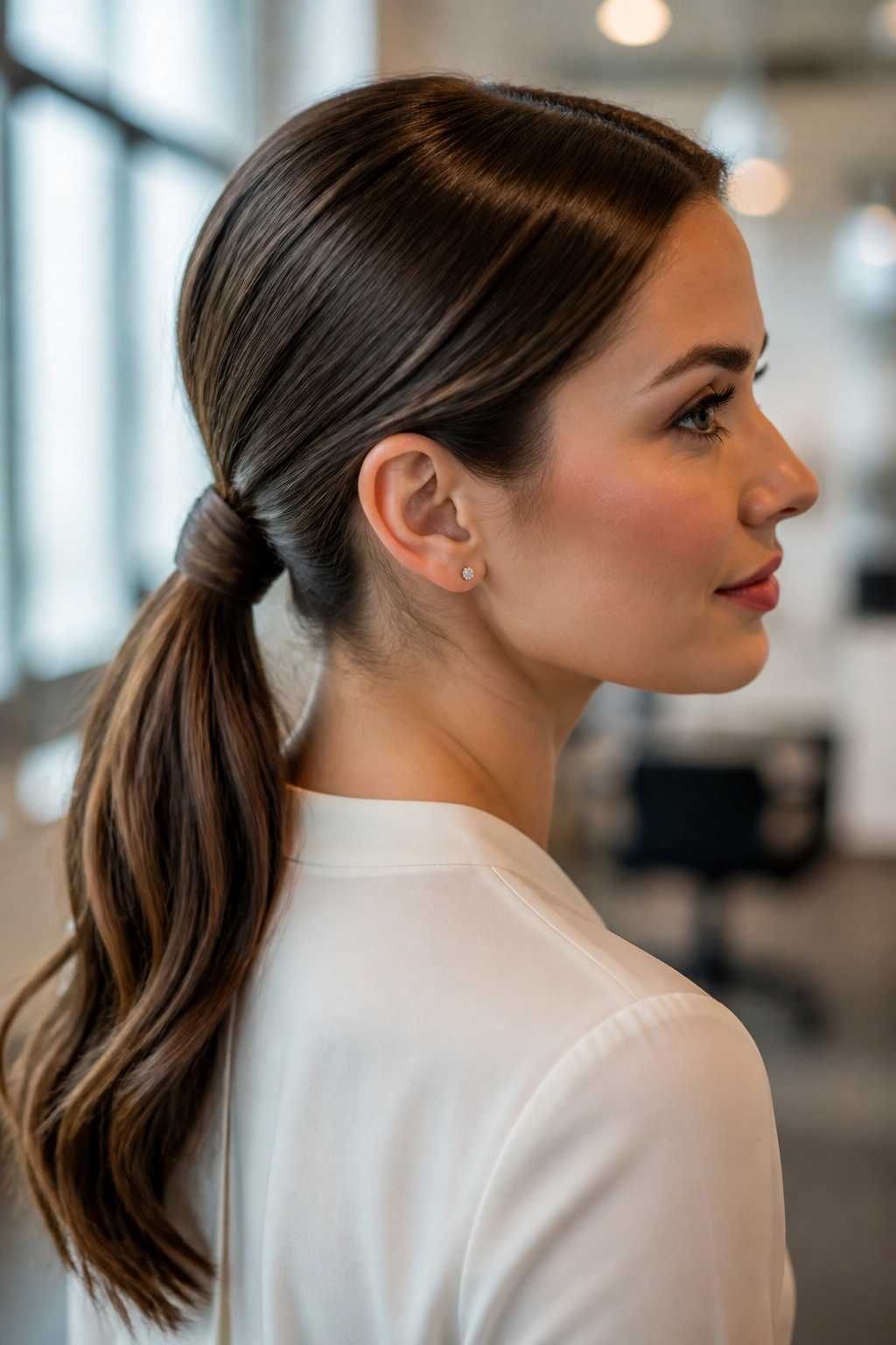 Close-up of a real woman with a wrapped side-part ponytail