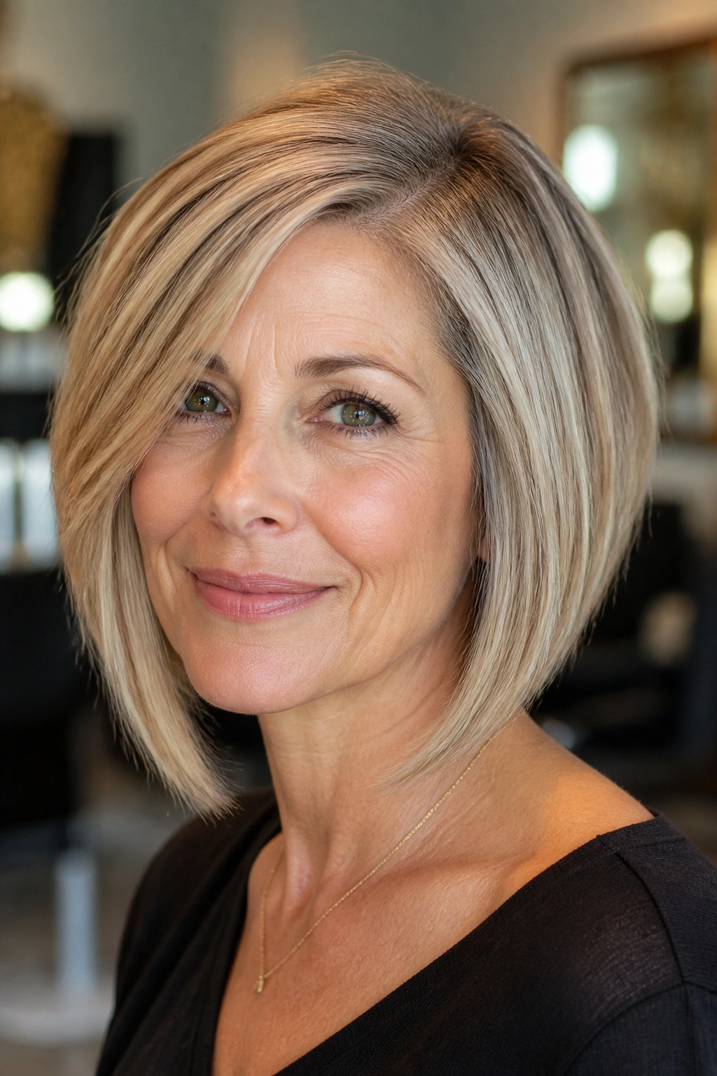 Portrait of a real woman with a side-parted A-line bob in a chic salon