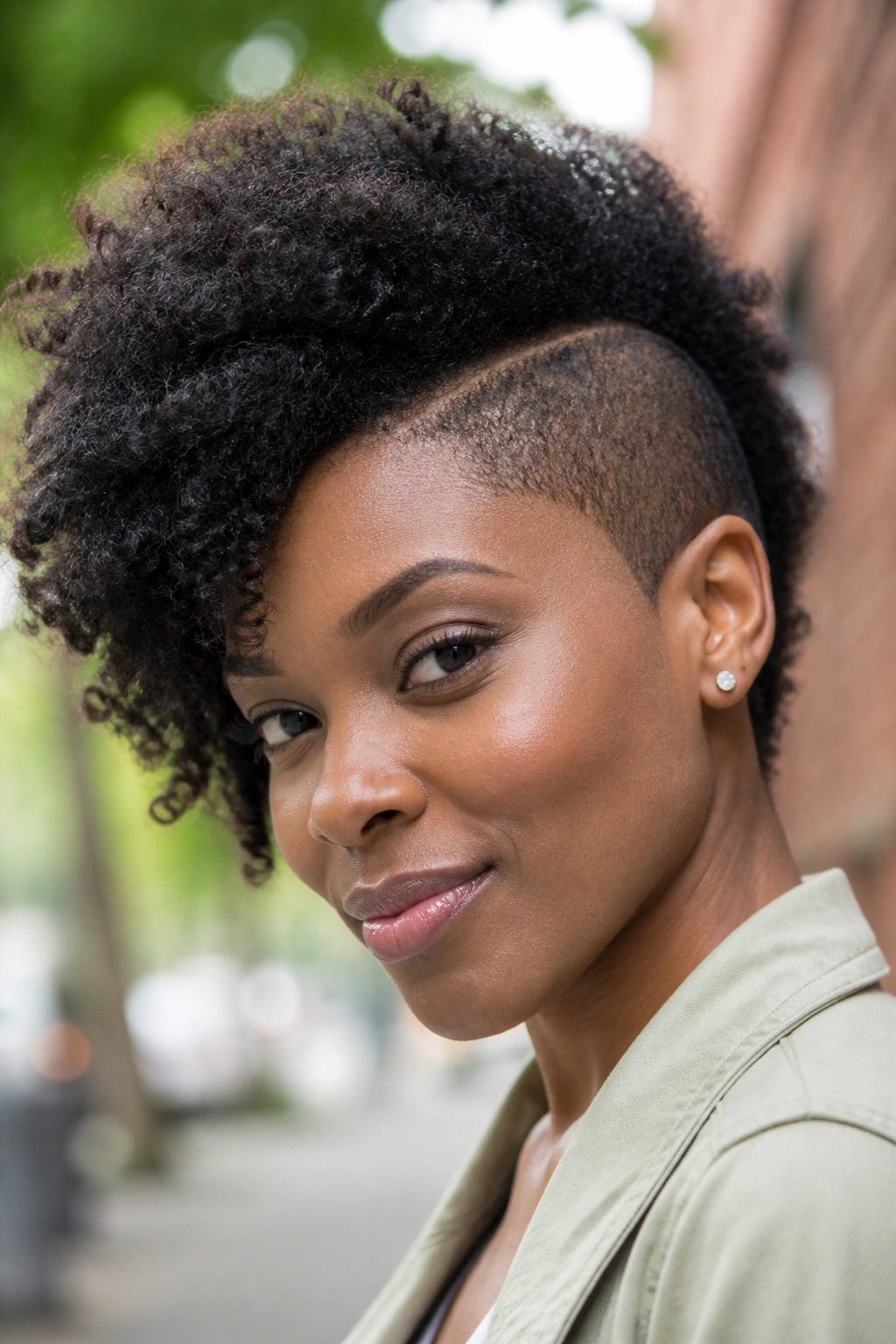 Close-up of a real person with side-parted Afro and shaved side.