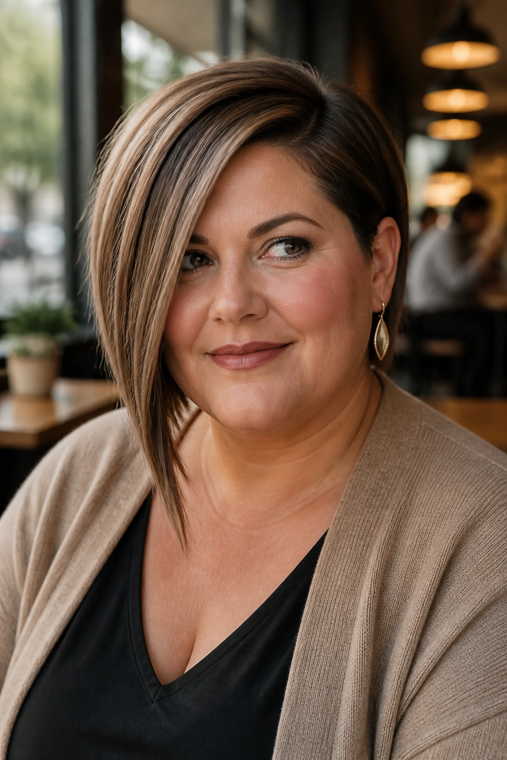 Medium close-up of a real woman with a side-parted angled bob and longer front piece
