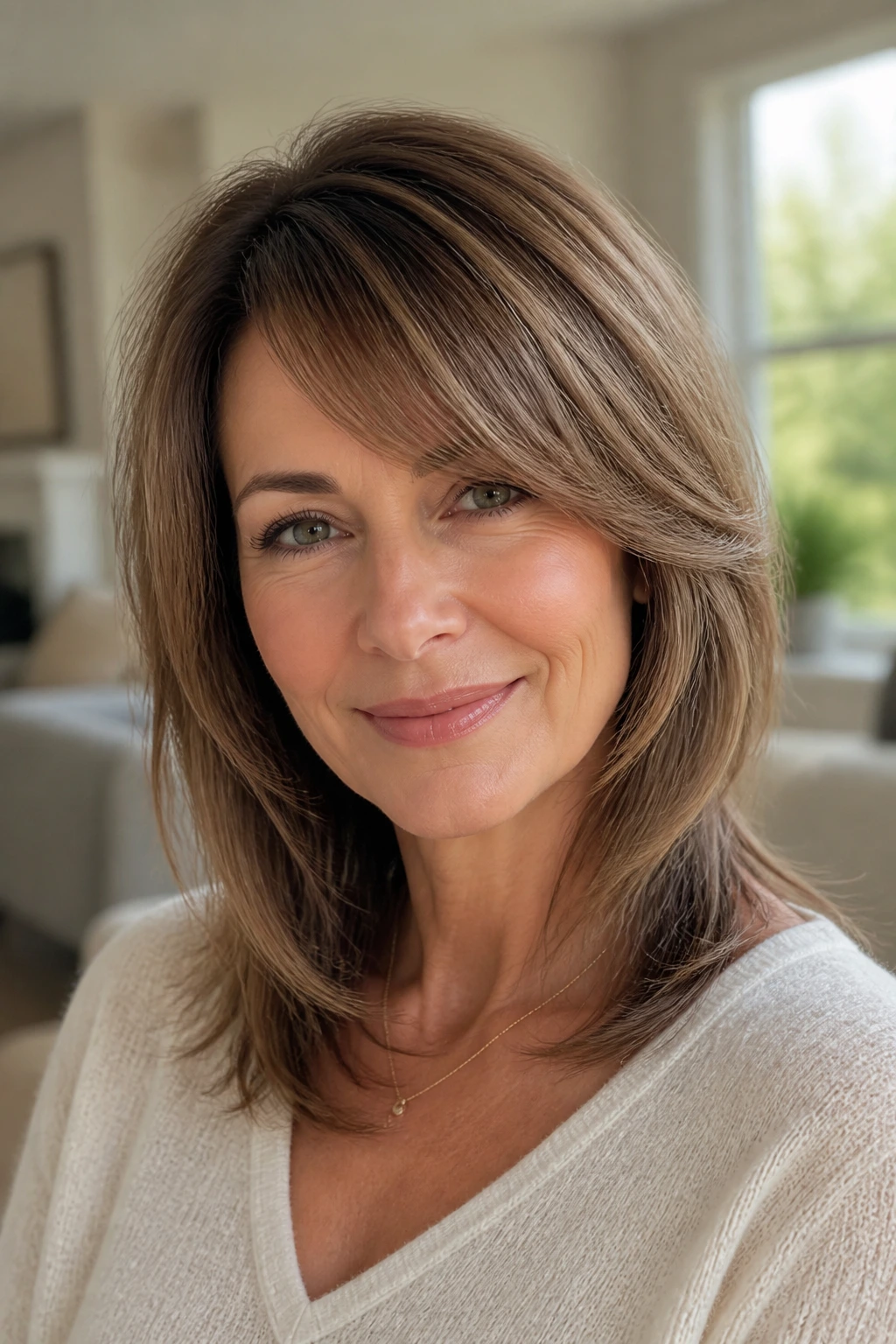 Close-up of a woman with side-parted blended bangs in bright morning light