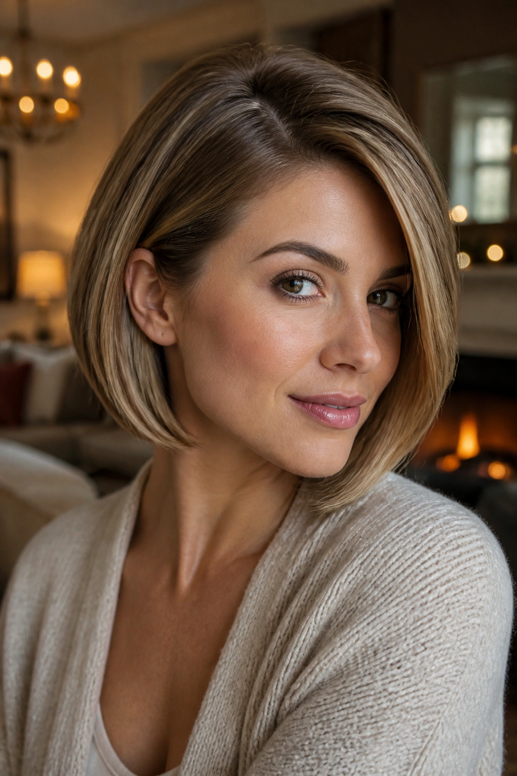 Real woman with side-parted bob in warm living room lighting