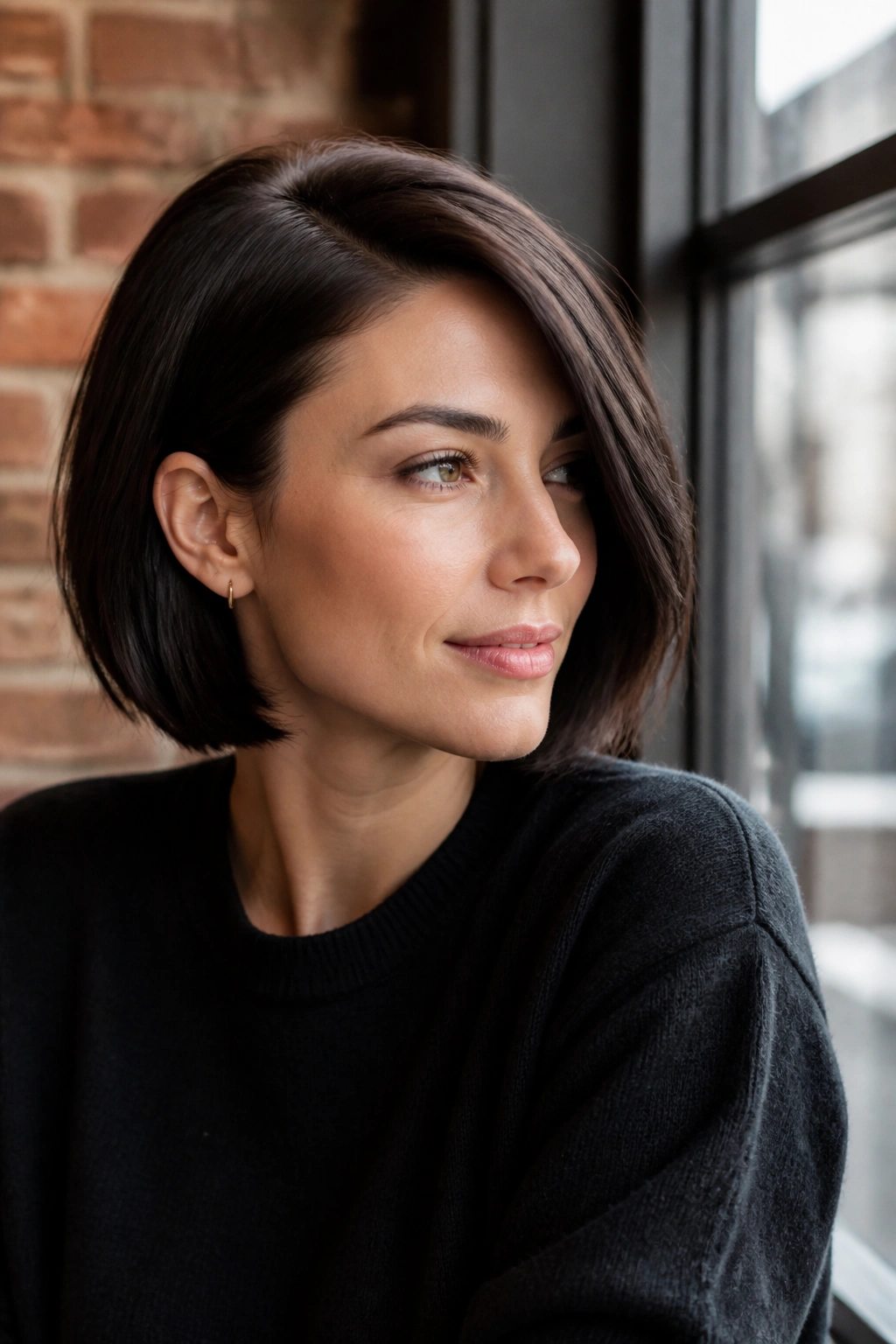 Close-up portrait of a real woman with a deep brown side-parted bob in daylight.