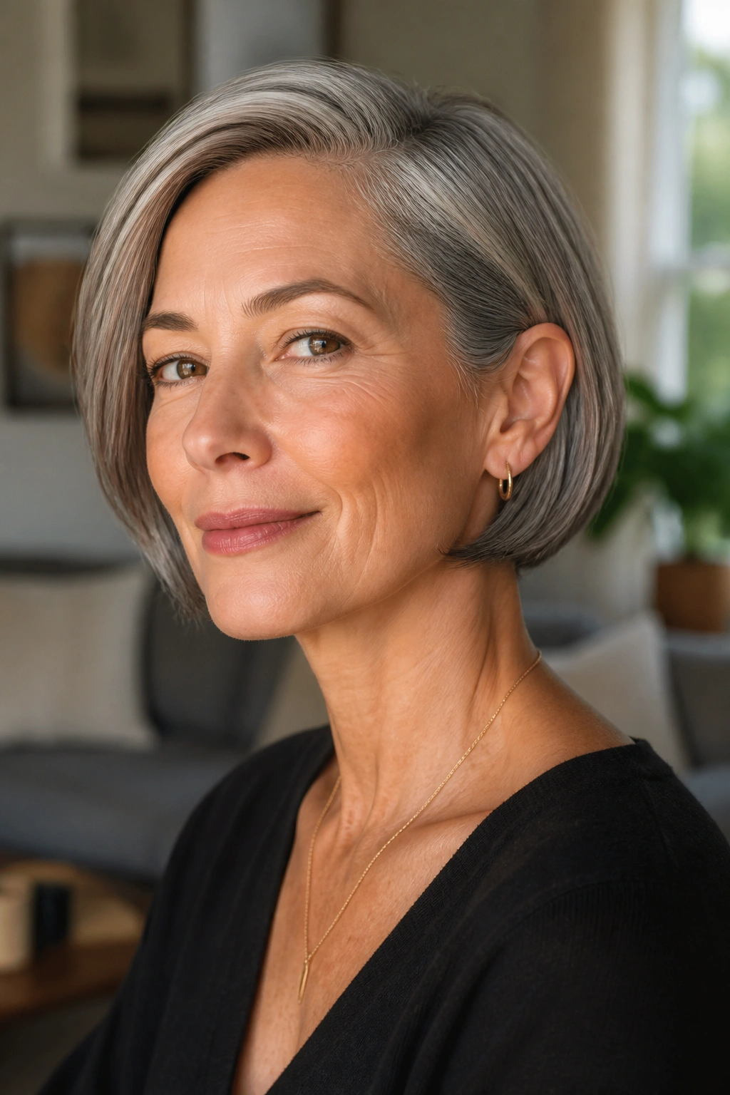 Close-up of an older woman with a side-parted micro-bob, natural window light highlighting the jawline length.