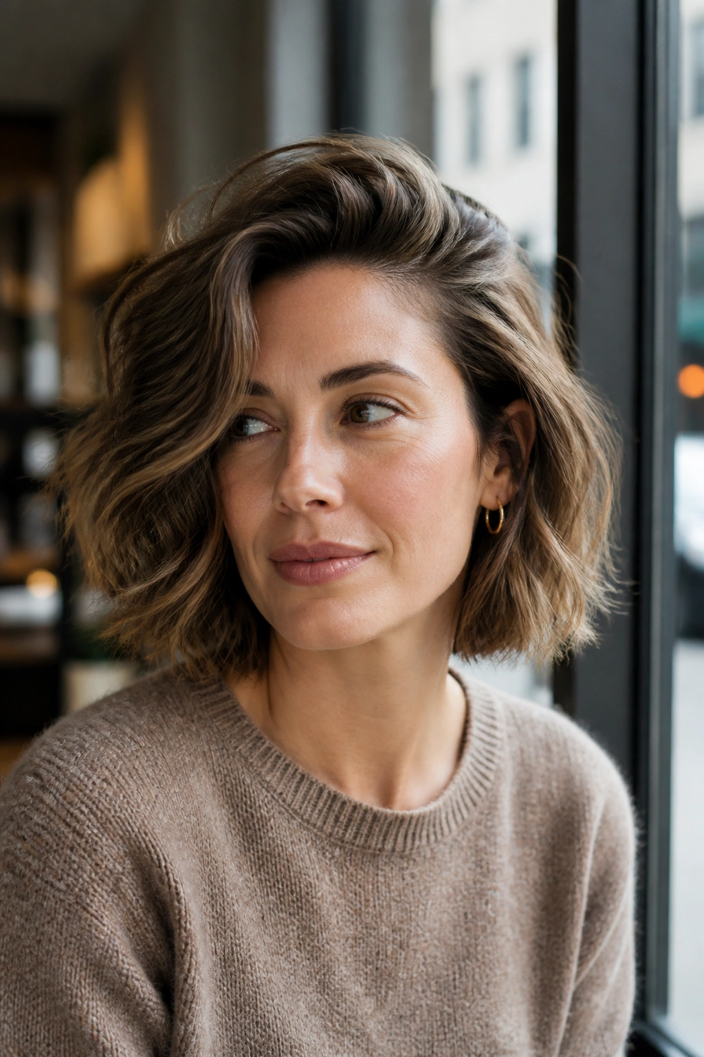 Portrait of a woman with a side-parted bob and crown lift.