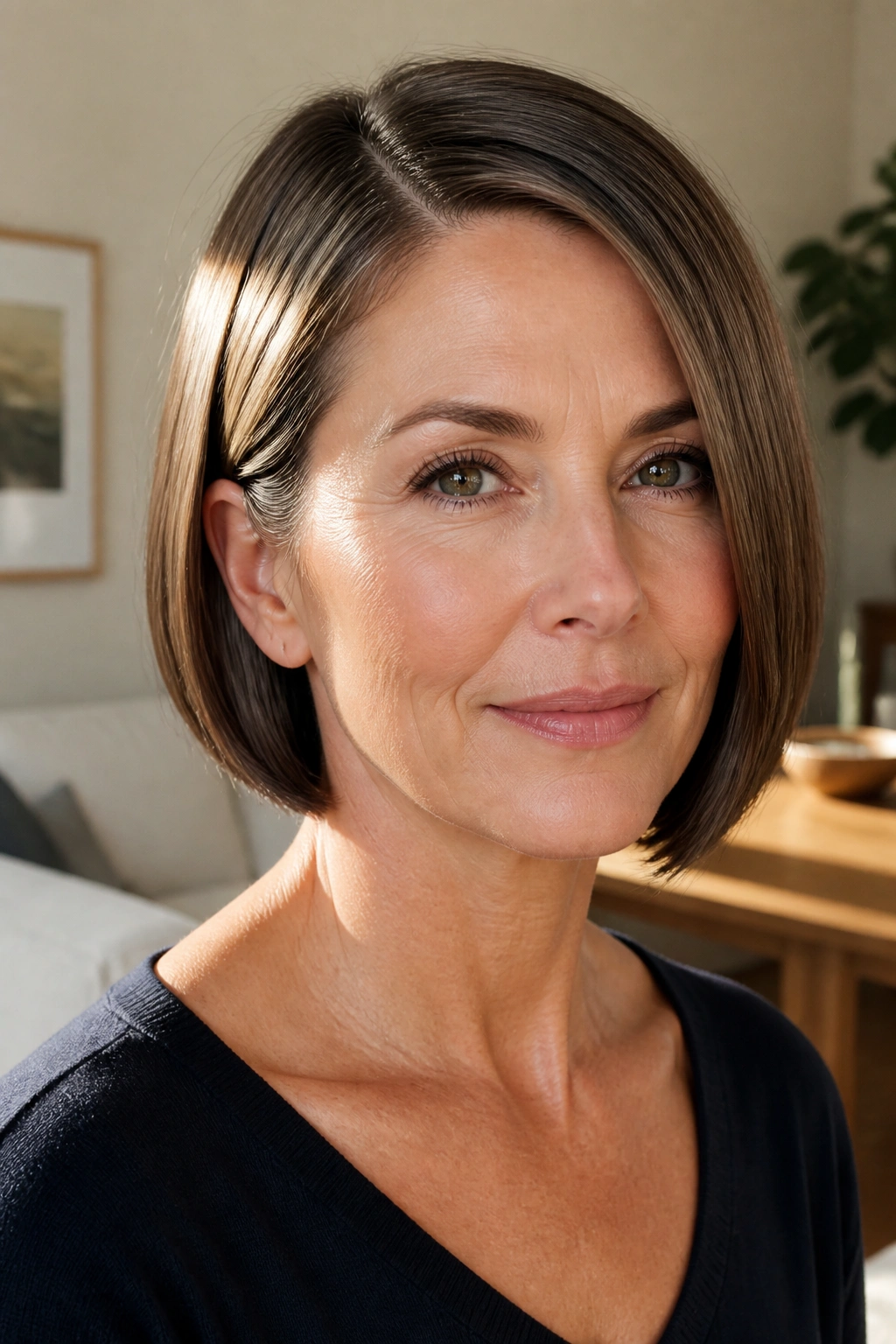 Close-up of a woman with a sleek side-parted bob in a sunlit living room.