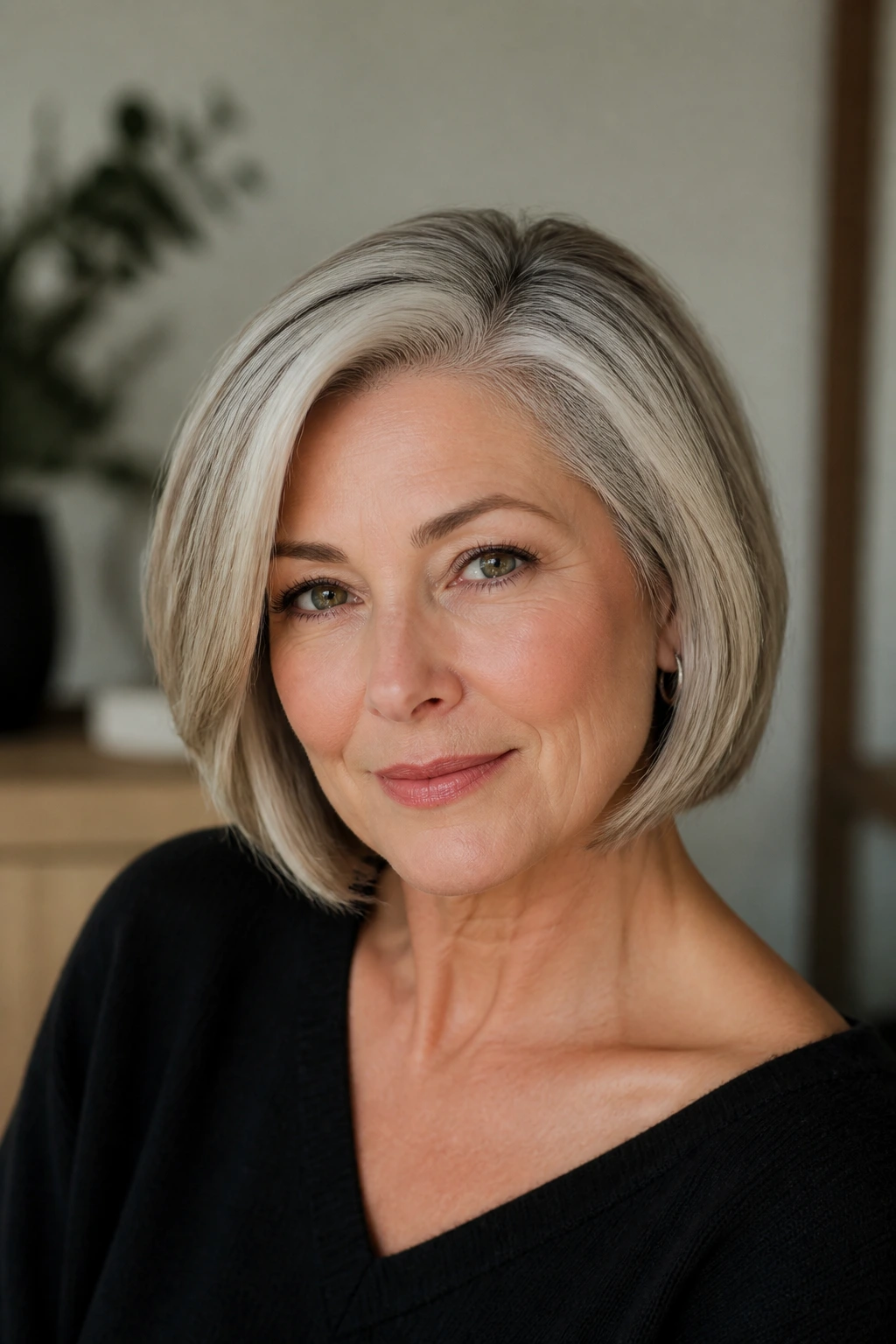 Portrait of a real woman with a side-parted bob.