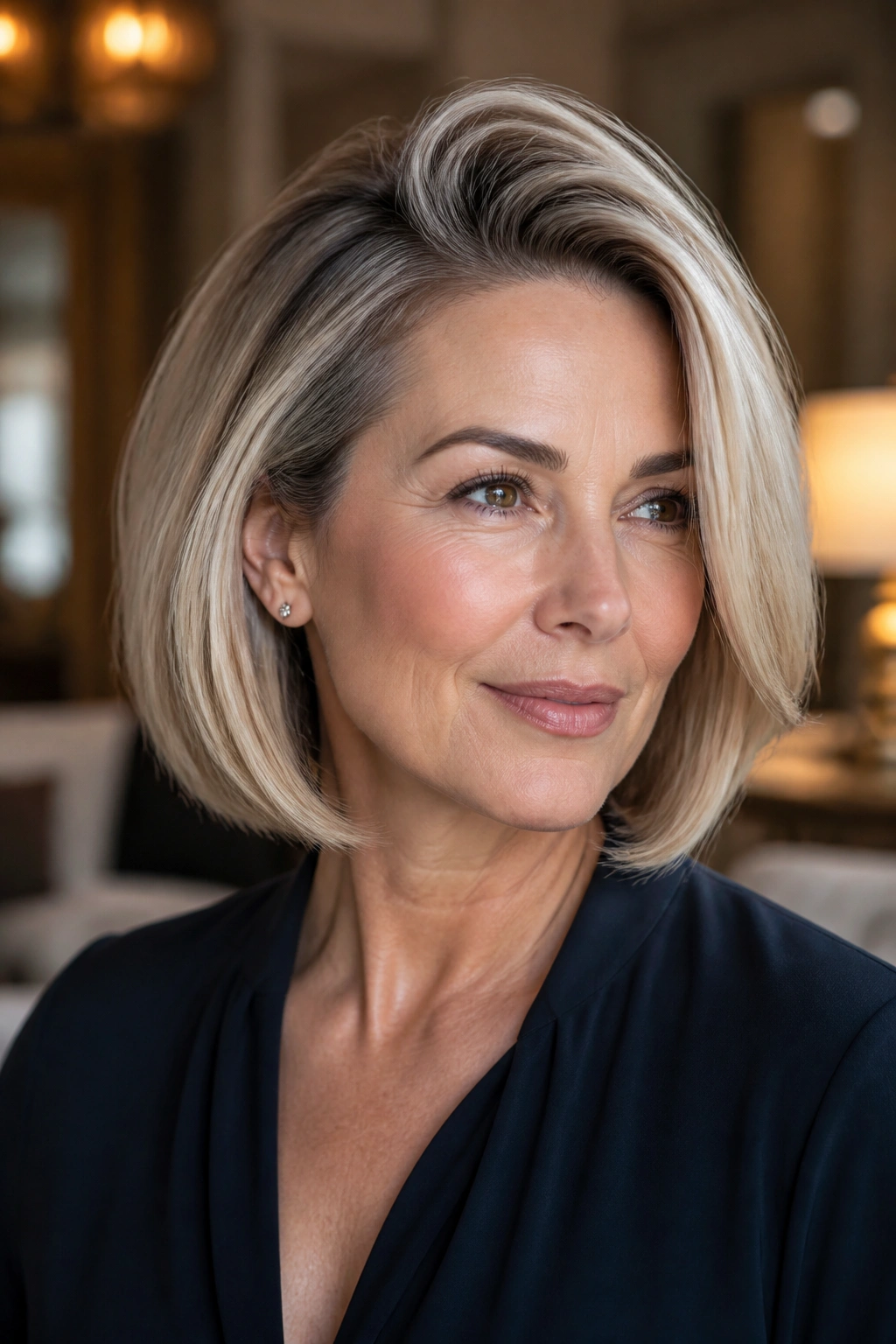 Real woman with side-parted bob and root volume in warm ambient light