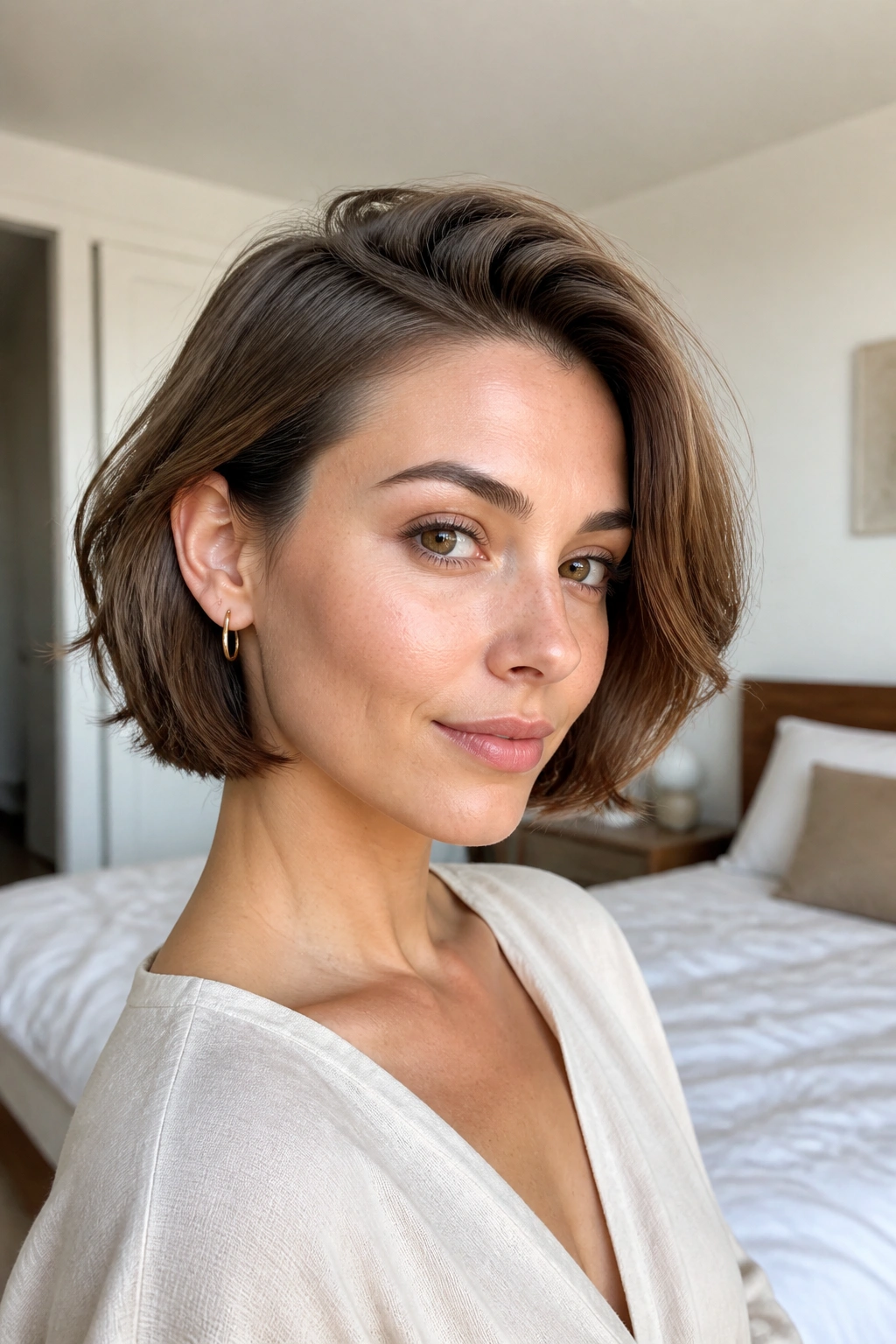 Close-up of a real woman with side-parted ear-length bob and soft layers in natural light